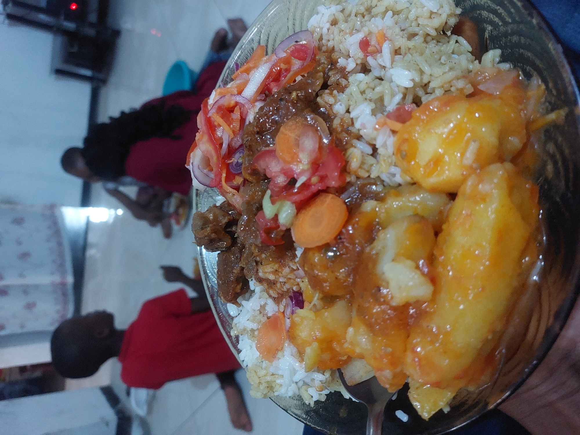 The scene depicts a partially filled clear bowl, presumably of food, held by a person. The bowl contains white and brown rice, meat, stewed potatoes, and a salad consisting of carrots, tomatoes and red onions. In the background, two people are visible lying on a tiled floor. One person wears a red shirt, and the other a maroon shirt with black hair. A television stands in the corner and a curtain is visible near the left. The food and the tiled floor suggest the location may be a home in Dar es-Salaam, Tanzania.