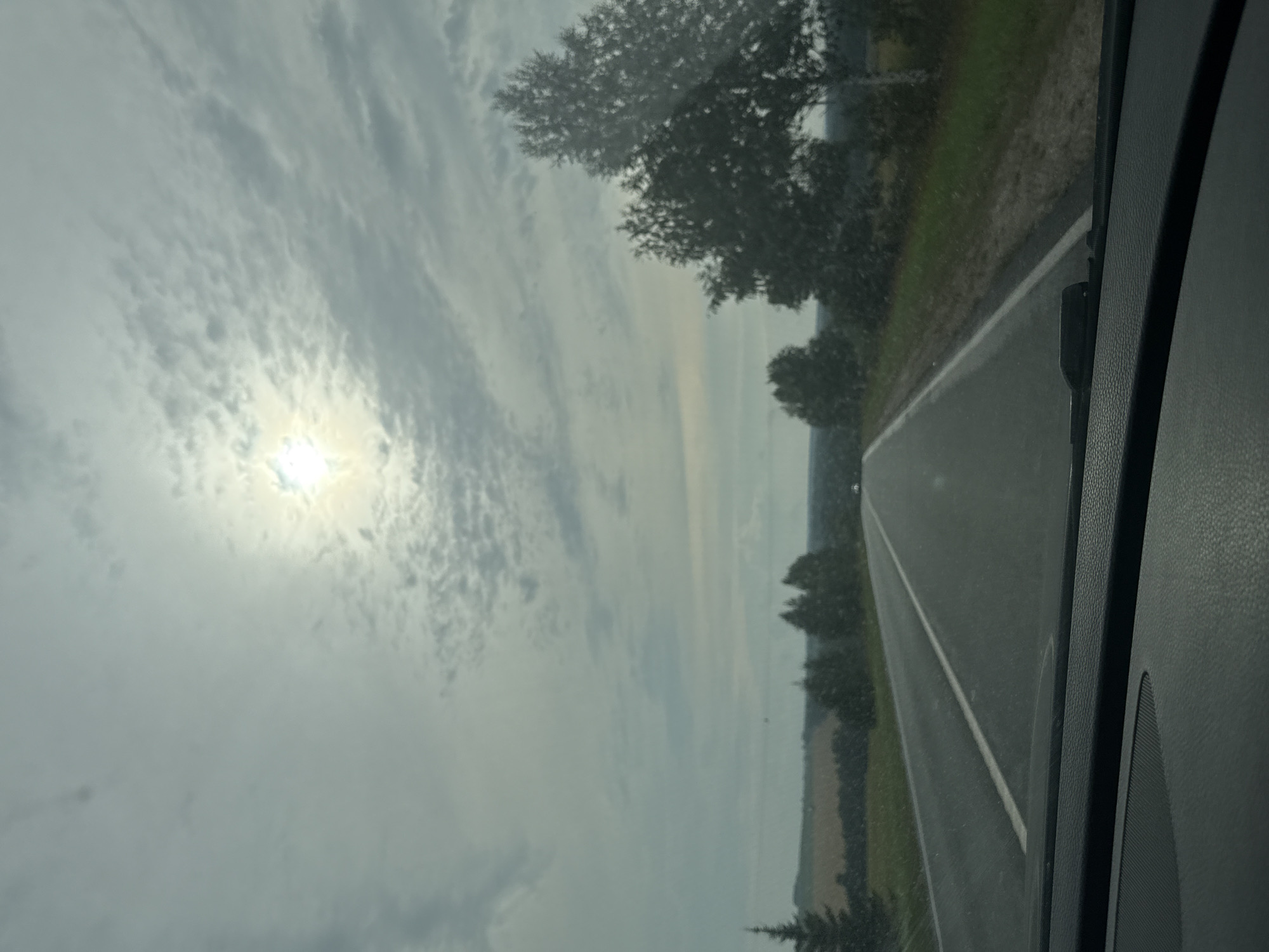 The image is a first-person perspective from inside a vehicle, looking out through the windshield at a road stretching into the distance. The sky is overcast with scattered clouds, and the sun is visible, diffused by the clouds. The road is asphalt with a white line marking the center and edge. On either side of the road are fields and trees. On the right side, there are several trees, with one larger tree in the foreground. On the left side, there are fields and some smaller trees. The dashboard of the vehicle is visible at the bottom of the image. There are no people or animals visible in the image. The scene appears to be in a rural or semi-rural area.