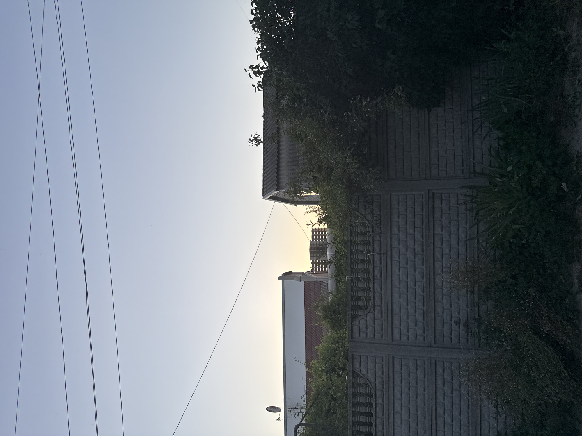 The image shows a view of a residential area at dusk or dawn, likely in Zaporizhzhia, Ukraine. In the foreground, a grey concrete fence with a patterned design runs horizontally across the frame. Behind the fence, dense green foliage and some grass are visible. Further in the background, two buildings are partially obscured by trees. The building on the left appears to have a white upper section and a red tiled roof, with a satellite dish mounted on its left side. The building on the right has a corrugated metal roof. Overhead, several power lines stretch across the pale blue sky. The overall atmosphere is quiet and still, with no people or discernible activity. The lighting suggests it is either early morning or late evening, with soft light illuminating the sky and the tops of the structures.