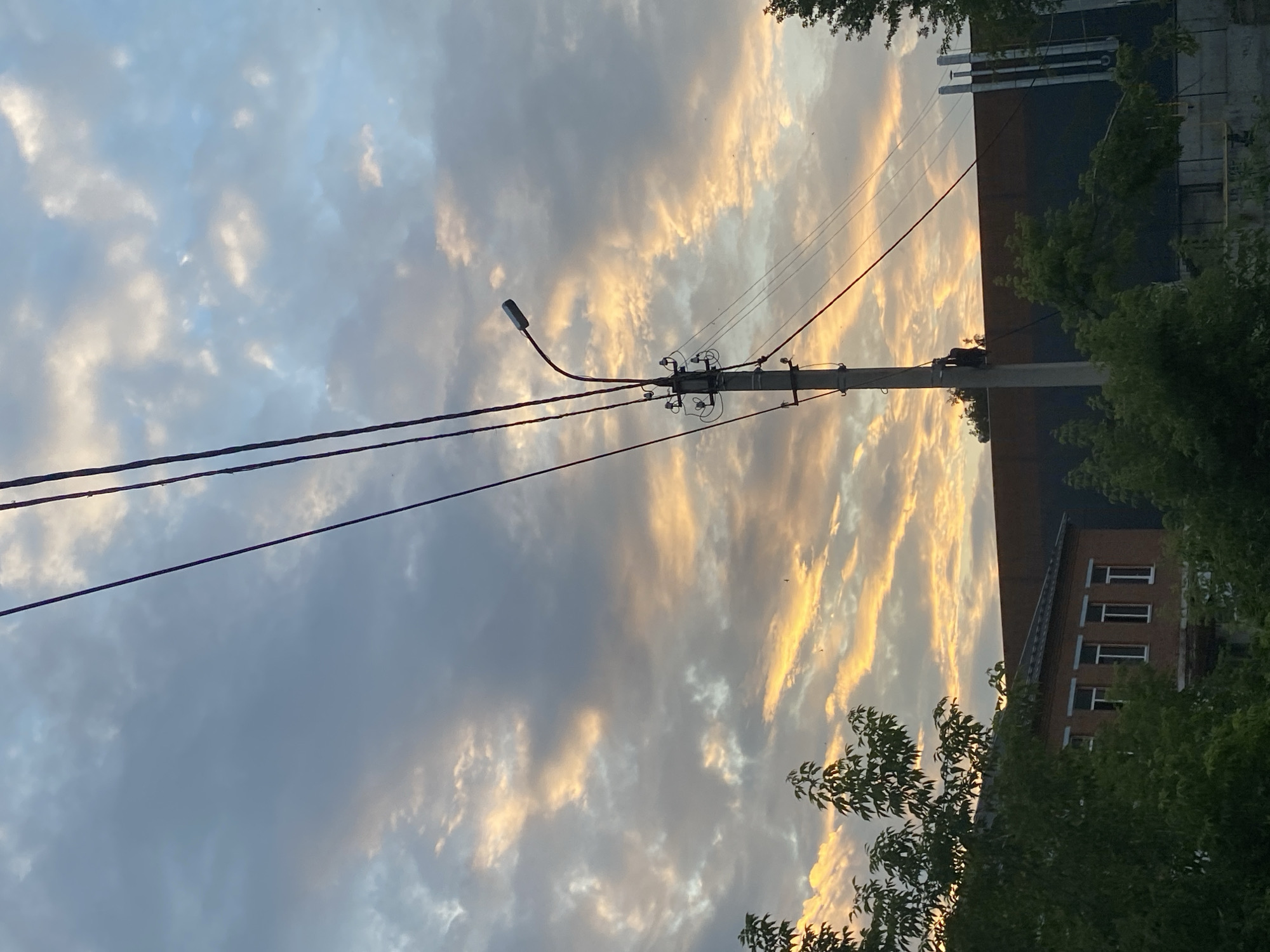 The image captures a segment of the Votkinsk cityscape during a twilight hour, likely early morning or late evening, given the soft, warm hues illuminating the sky. Dominating the upper half of the frame are dramatic clouds, tinged with shades of orange and yellow where the sun's rays are breaking through the grayness. A utility pole, a prominent vertical element, stands against this sky, supporting a streetlamp and a complex network of electrical wires that crisscross the image.
In the lower portion of the image, the scene transitions to the terrestrial. A low-rise brick building with multiple windows is partially visible on the left, suggesting a residential or perhaps an older industrial structure. Lush green foliage, comprising trees and bushes, partially obscures the building and extends across the foreground, adding a natural element to the urban setting. Behind the building and extending to the right is a large, dark-colored structure, possibly a factory or warehouse, with industrial pipes protruding from its side. The overall impression is one of a quiet, slightly overcast, yet colorful sky over a mixed urban and green environment. There are no people or animals clearly visible in the frame.