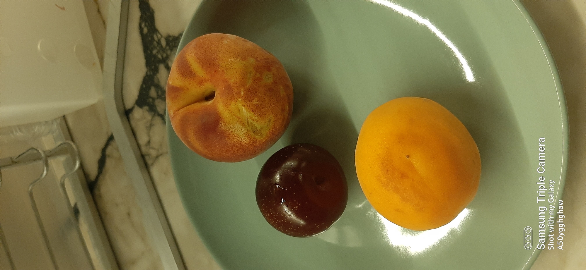 The image shows three fruits on a pale green plate. The fruits are a dark red plum, a peach with orange and red coloring, and a bright orange apricot. The plate is on a countertop with a marble-like pattern. In the background, there is a metal rack and part of a white appliance. The bottom of the image includes a watermark that reads "Samsung Triple Camera Shot with my Galaxy A50yggghaw". The scene appears to be a domestic kitchen setting.