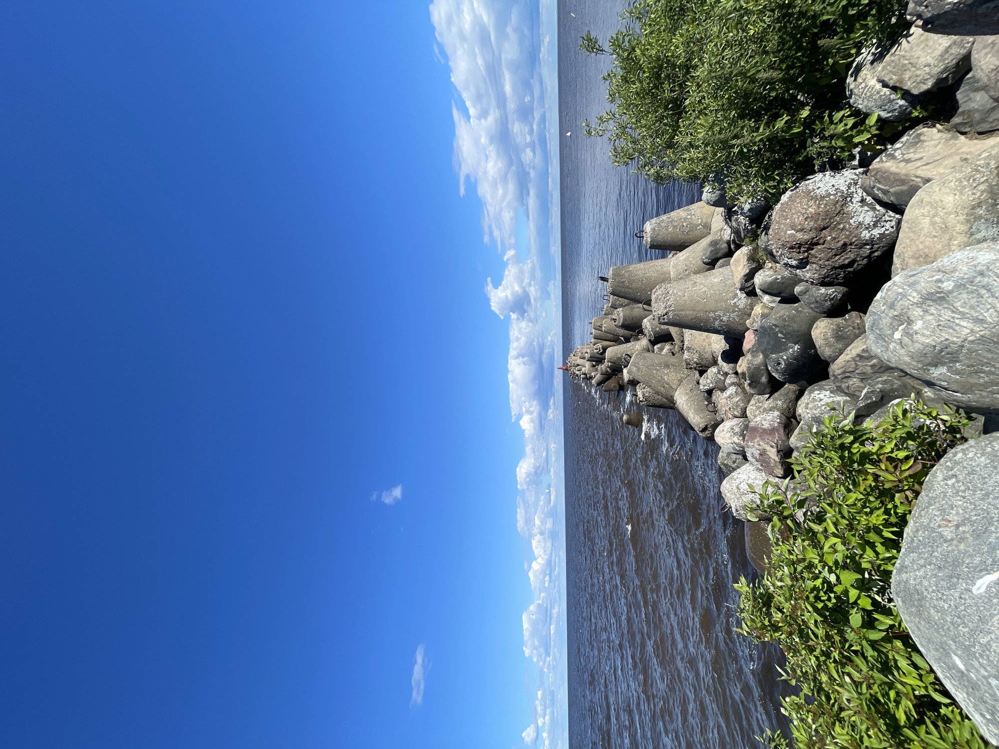 A breakwater made of concrete tetrapods and large rocks extends into a dark, choppy body of water under a bright blue sky with scattered white clouds. Green bushes and foliage grow amongst the rocks in the foreground on the right and left sides of the image. The breakwater is lined with rows of concrete tetrapods and appears to be leading towards a small red structure visible in the distance at the end of the breakwater. A faint horizon line separates the water from the sky. This scene is located in Belozersk, Russia, on the shores of Lake Beloye.
