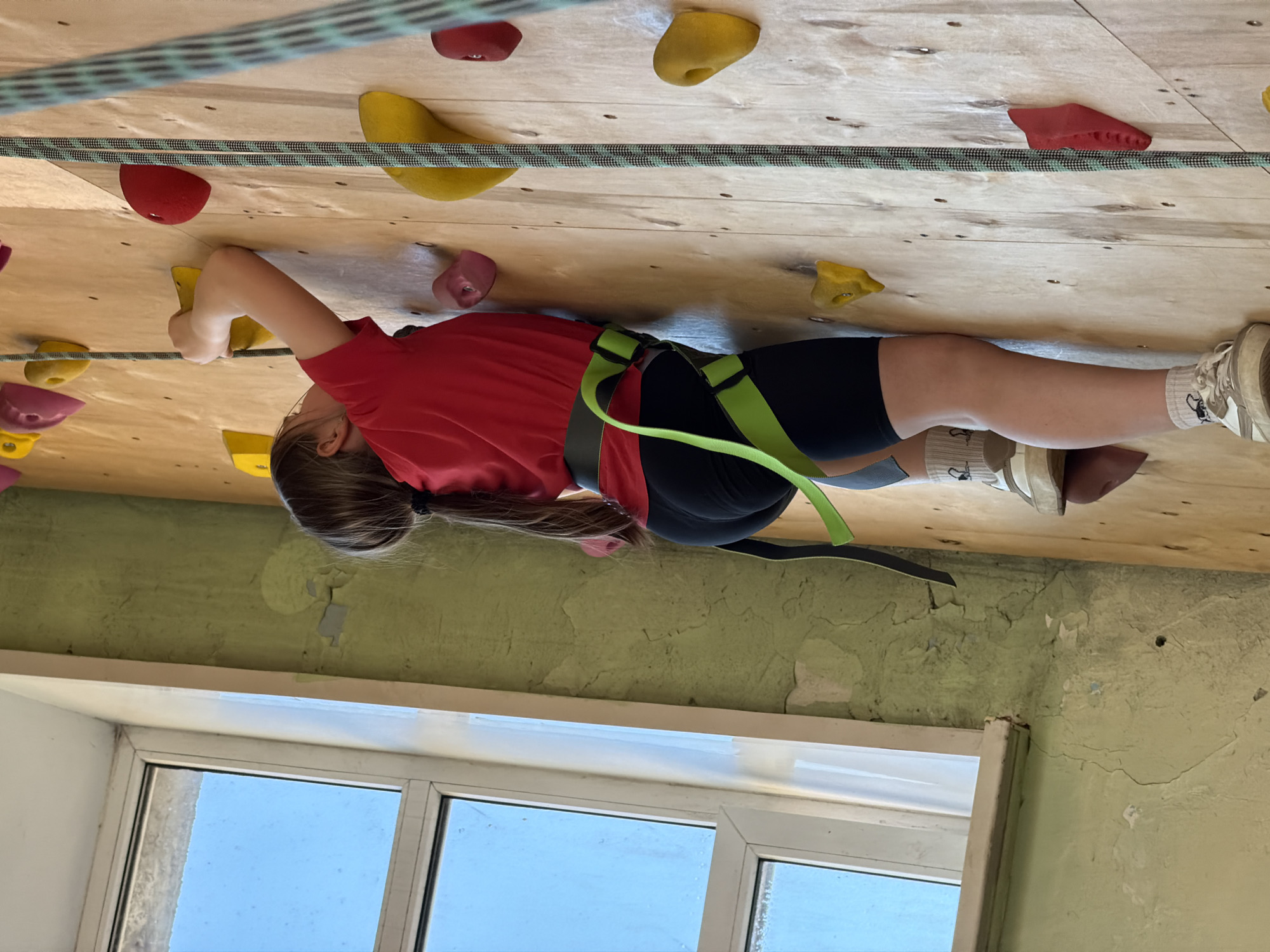 A young person, likely a child or teenager, is depicted climbing an indoor rock wall. The image is rotated 90 degrees clockwise, showing the climber positioned horizontally across the frame, though they are on a vertical surface. They are wearing a red short-sleeved shirt, black shorts, and a neon green and black climbing harness. Their hair is brown and pulled back, and they wear white socks with black patterns and light-colored sneakers.
The climber is actively engaging with the wall, reaching their right hand to grasp a yellow climbing hold. Their body is stretched along the wall, with their left leg bent, pressing against another hold. The climbing wall itself is made of light-colored wooden panels with numerous variously shaped and colored holds (red, yellow, pink) bolted onto it. Two parallel climbing ropes, patterned with green and black, run horizontally across the wall above and below the climber.
Below the climbing wall structure, a section of an older room wall is visible, painted in a faded, peeling light green color, suggesting an older building. A white-framed window occupies the lower portion of the image, revealing a clear blue sky, indicating it is daytime. The scene appears to be an indoor climbing facility or gym in Izhevsk, Russia. No visible text is present in the image.