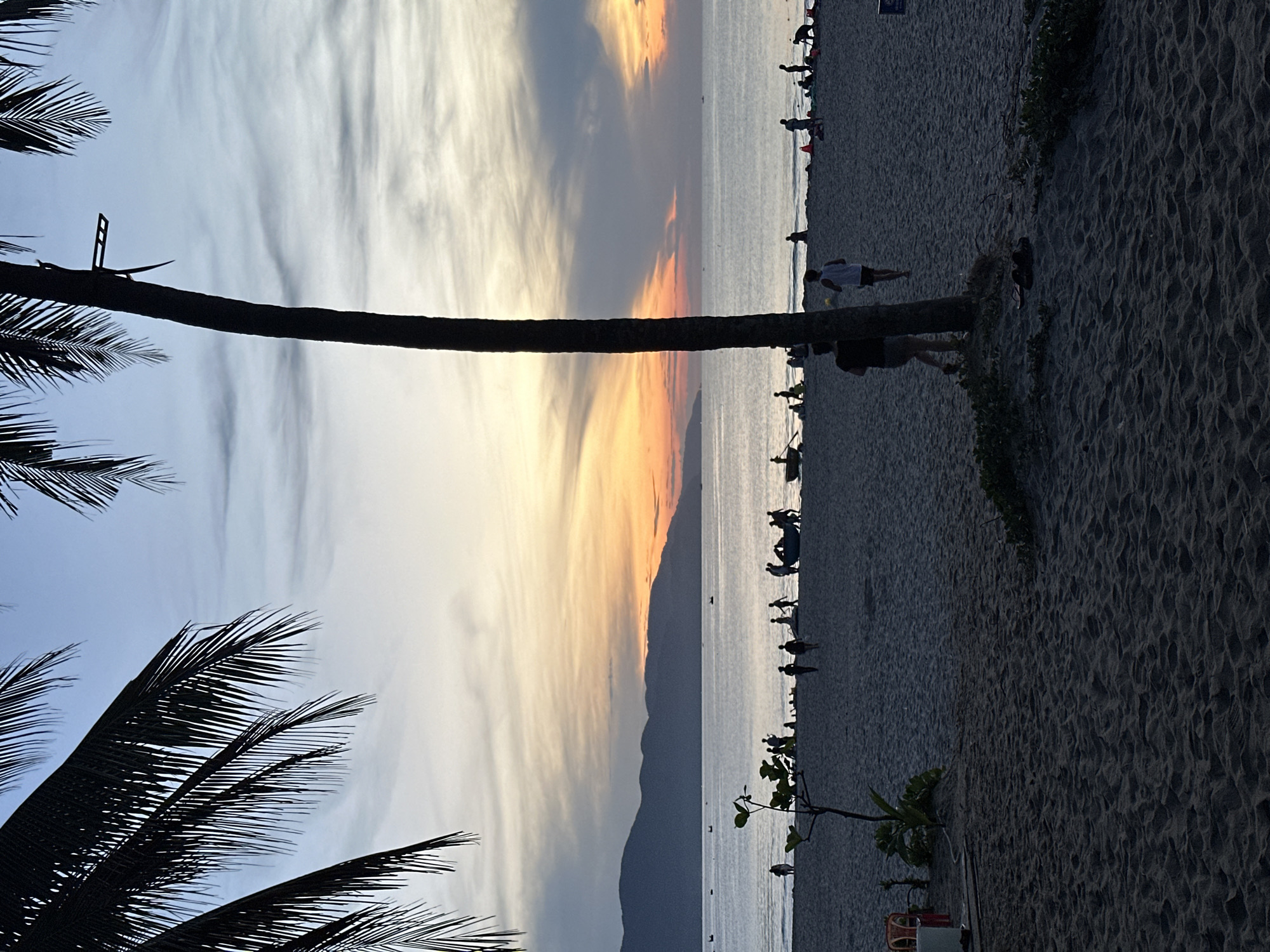 The image depicts a beach scene at sunset, likely in Đà Nẵng, Vietnam, with a silhouette of mountains in the distance. The sky is filled with a gradient of colors from warm orange and yellow near the horizon to blue and grey higher up, indicating the sun has recently set or is about to set. Palm trees frame the top and right sides of the image, their fronds silhouetted against the sky. The beach is sandy, with some patches of vegetation. A calm sea stretches to the horizon, with a few small boats visible on the water. Several people are scattered across the beach, some walking, some standing, and some appearing to be interacting near a blue boat. The overall atmosphere is peaceful and serene, characteristic of a tropical evening.