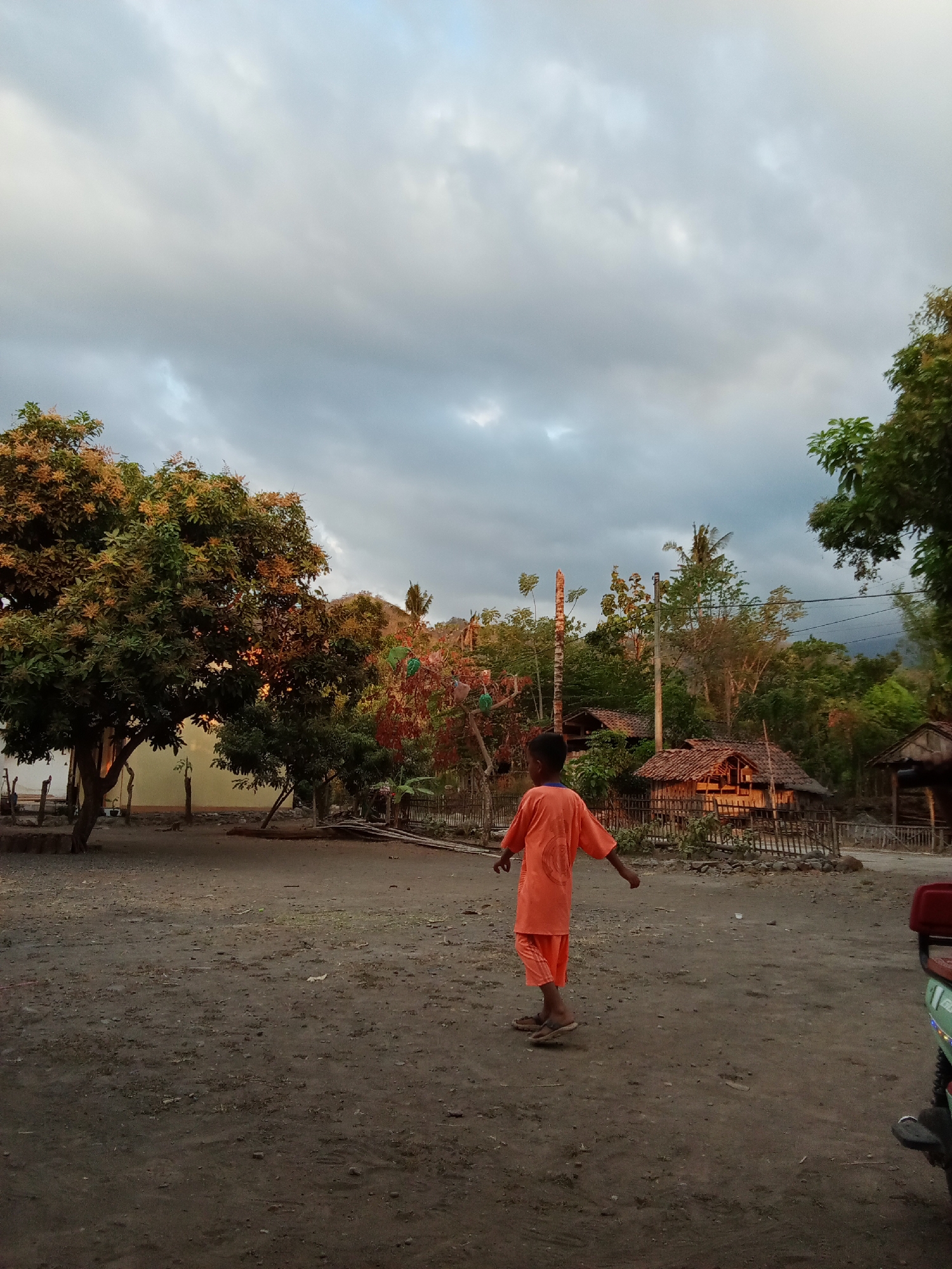 The image depicts a rural scene in Selowogo, Indonesia. In the foreground, a young boy is walking away from the camera, wearing an orange tunic and trousers. He is barefooted, wearing sandals. The ground is a mixture of dirt and sand. To the left of the boy is a large tree with green leaves and some flowering clusters. Behind the tree, a portion of a building is visible. Further in the background, there are several traditional wooden houses with thatched roofs, surrounded by lush vegetation and trees. The sky is cloudy with hints of orange and yellow light, suggesting either sunrise or sunset. In the far right of the image, a portion of a green vehicle is visible.