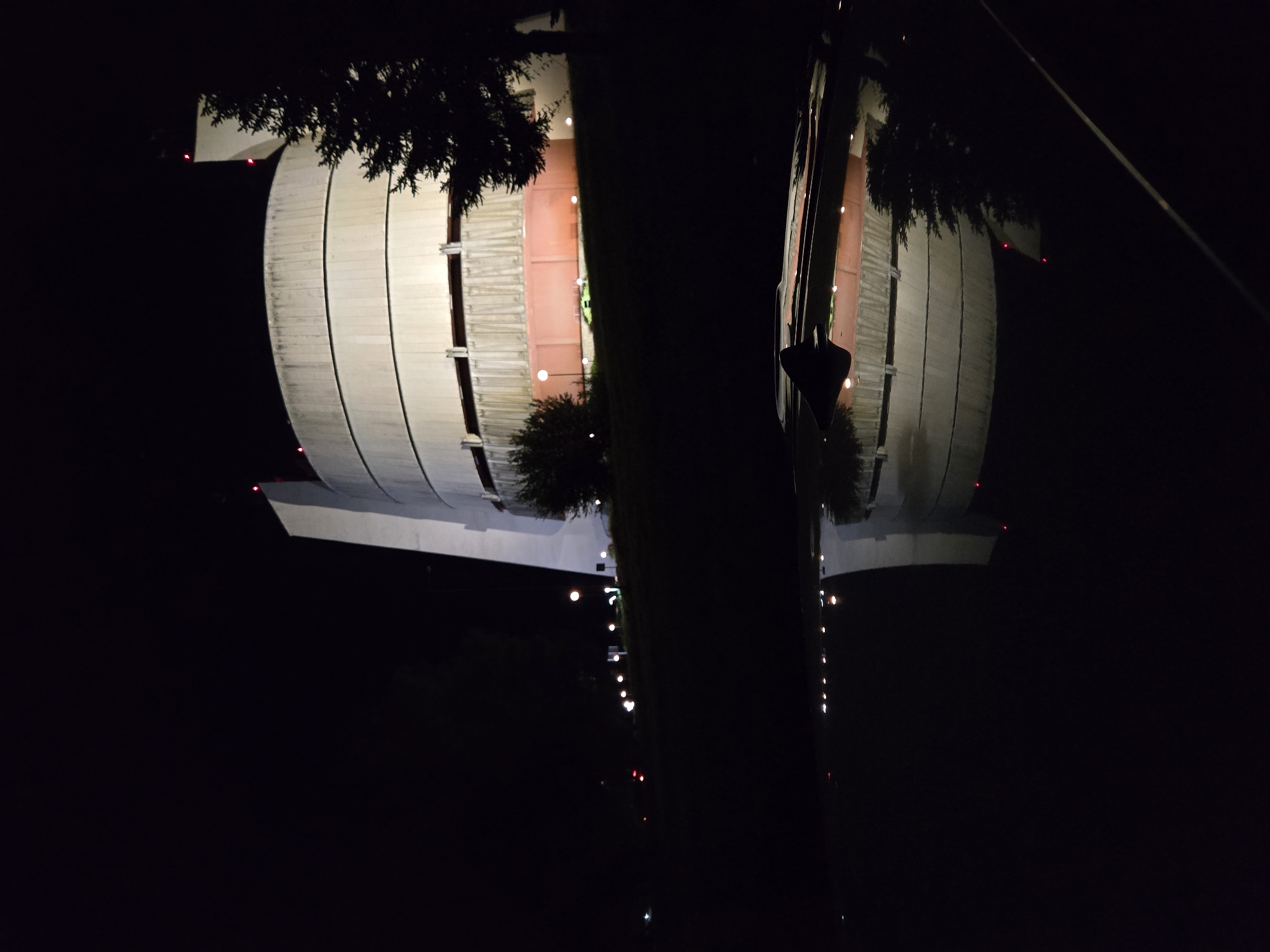 The image depicts the Pleven Panorama, a monument in Pleven, Bulgaria, at night. The monument, appearing to be reflected in water, is predominantly white with red accents and brown sections. A dark tree trunk obscures the center of the view, while leaves are visible near the top of the frame. The surrounding environment is dark with scattered lights.