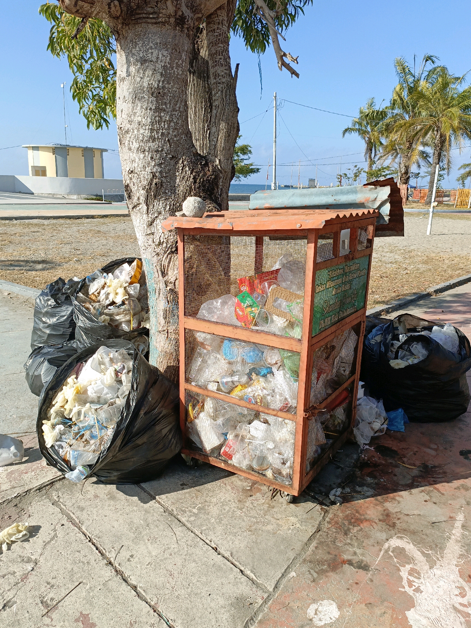 This image depicts an outdoor scene in Bulukumba, Indonesia, likely near a park or recreational area, characterized by a large tree. In front of the tree, an orange metal trash receptacle with a wire mesh exterior is filled with a variety of discarded items, including plastic bottles, wrappers, and other refuse. Several large black trash bags are piled next to the receptacle and the tree, some of which are overflowing with garbage. The ground is paved with concrete slabs, and loose debris is scattered around the area. In the background, palm trees and a light blue sky suggest a tropical or coastal environment. A building with a distinctive yellow and gray facade is visible in the distance, along with what appears to be a street or walkway and fencing. The overall scene suggests a public space in need of cleaning.