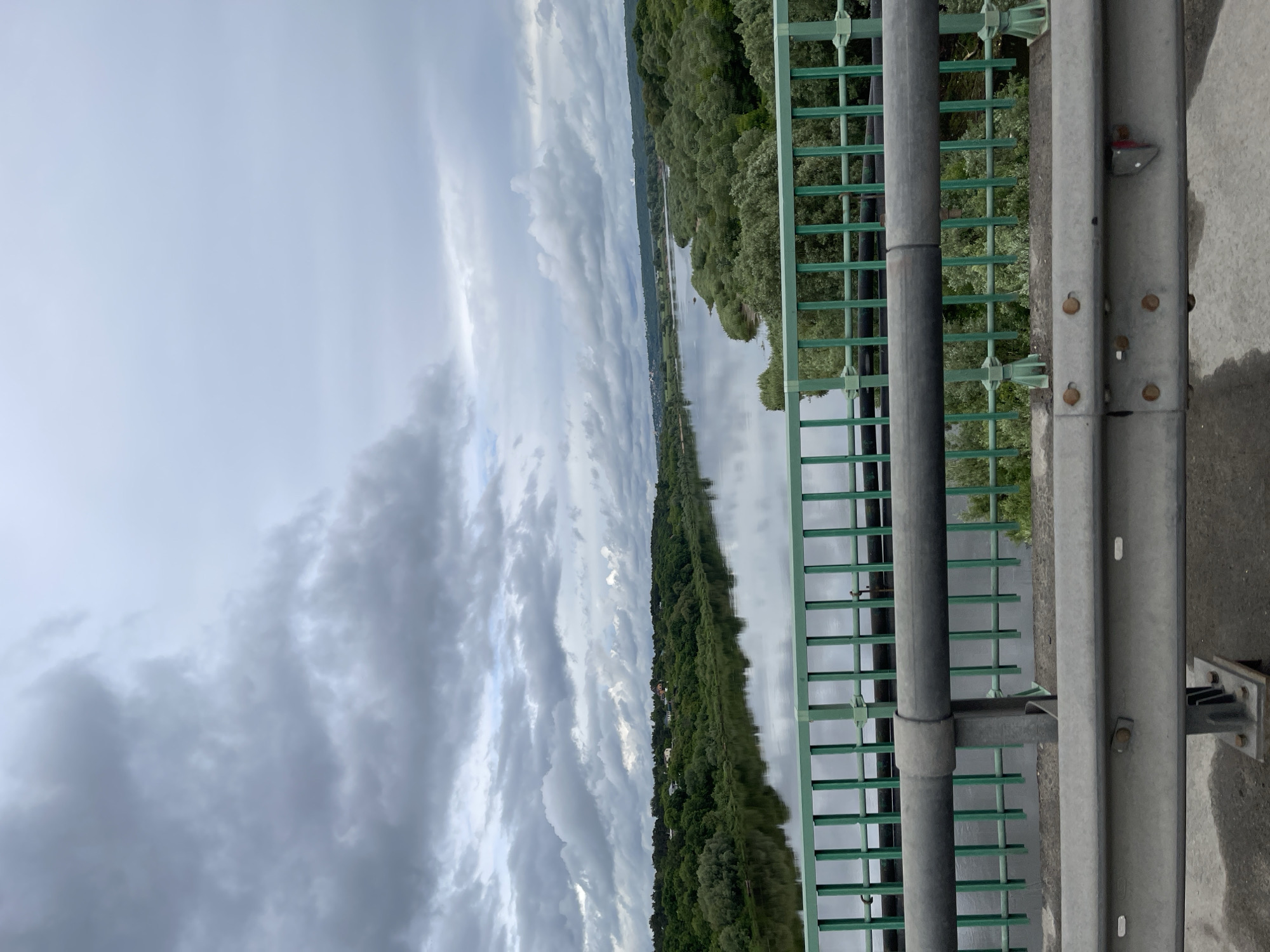 A vertical outdoor shot taken from a bridge over a body of water, likely a river, bordered by dense green trees on both sides. The sky is overcast with dramatic cloud formations. The bridge's green metal railing and gray metal guardrails are visible in the foreground. The water reflects the sky and trees, creating a mirroring effect. The location is likely Taraskovo, Russia. No people are visible.