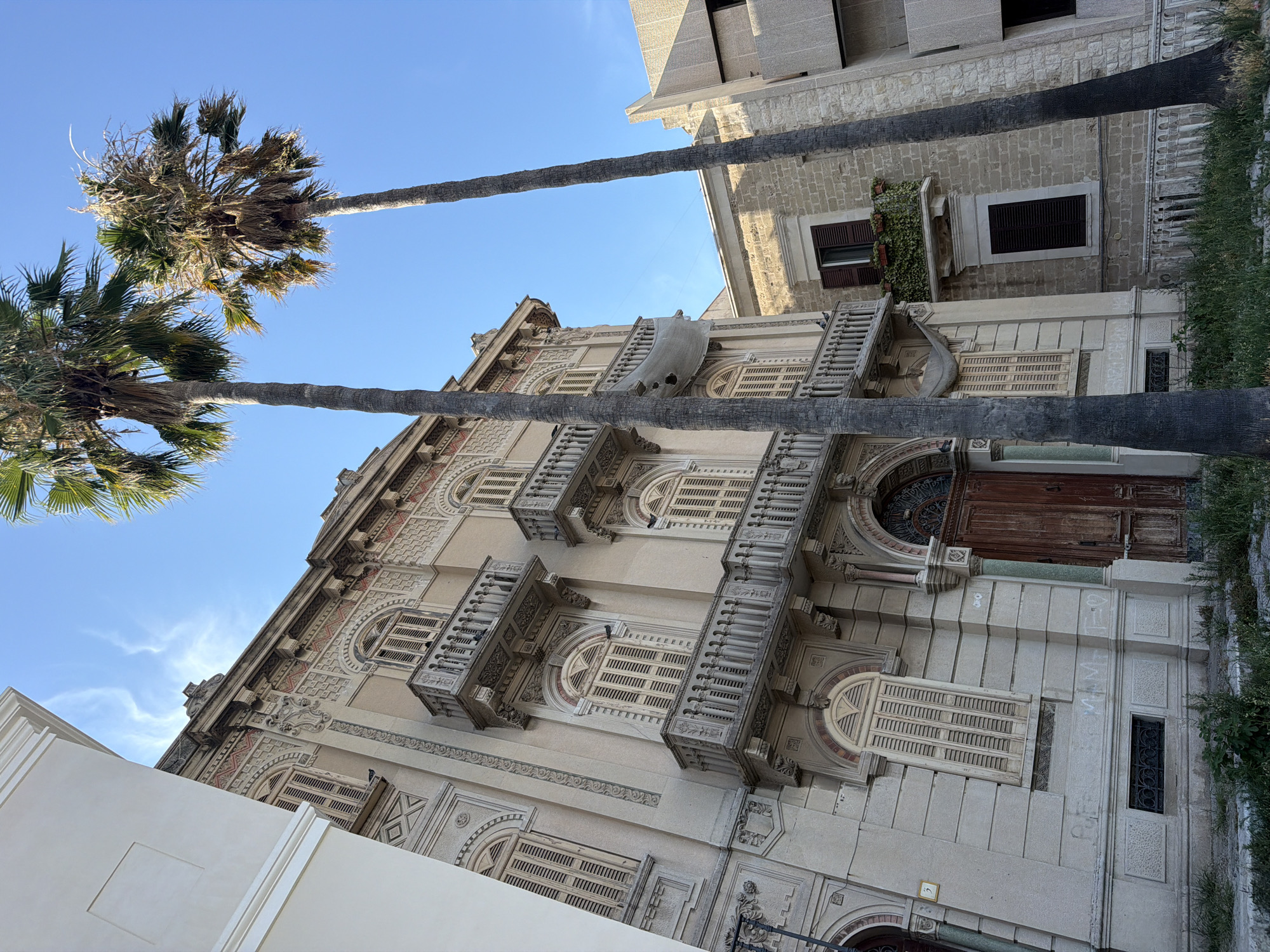 The image captures a perspective of a building facade in Bari, Italy, with two tall palm trees in the foreground against a clear blue sky. The building on the left exhibits ornate architectural details, including multiple balconies with decorative railings and arched windows with wooden shutters. The facade is a light beige color with intricate relief patterns. A large, weathered wooden door is visible at the base of this building. To the right, a different building constructed with rough-hewn stone blocks is visible, featuring a smaller balcony with greenery. The foreground is lined with overgrown grass and vegetation. The scene appears to be a street view, with the architecture suggesting a historical European city.