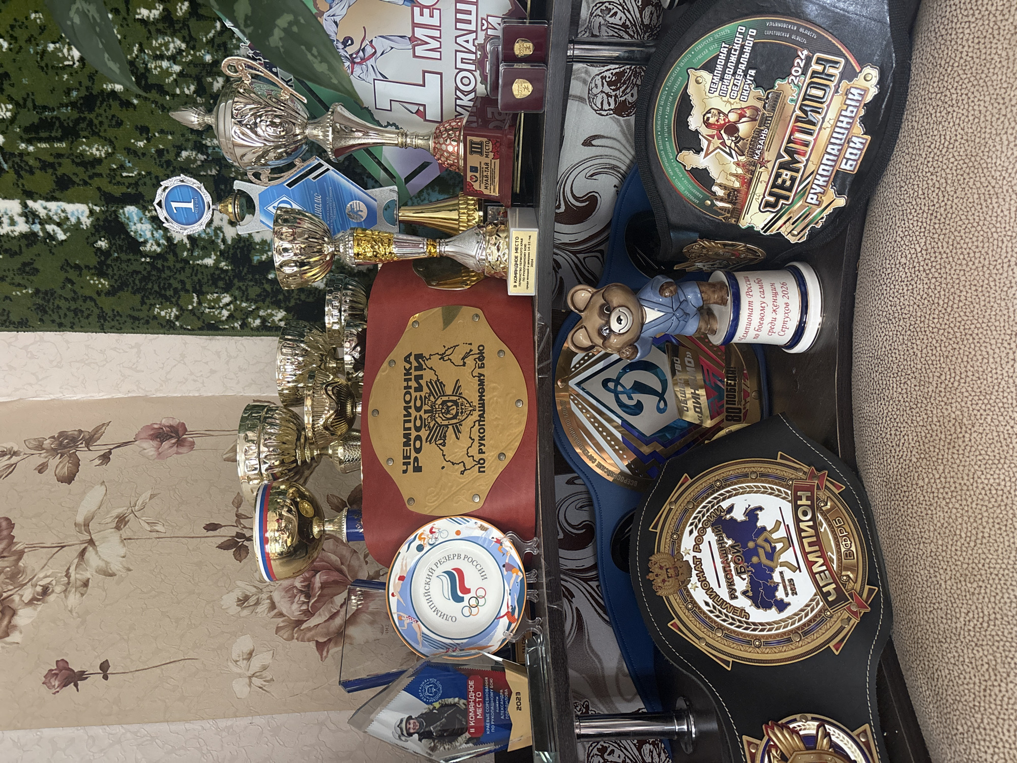 Here is a description of the image:
**Scene:** The image displays a collection of trophies and medals, seemingly a display of achievements.
**Objects:**
* Various trophies, of gold and silver appearance.
* Championship belts.
* A porcelain plate with the Russian flag and Olympic rings design.
* A framed award with an image of a person.
* A small ceramic bear figure.
**Text:**
* "Чемпионка России по Рукопашному Бою" (Champion of Russia in Hand-to-Hand Combat).
* "Олимпийский резерв России" (Olympic Reserve of Russia)
* "Чемпионат России по боевому самбо" (Russian Championship in Combat Sambo)
* Several mentions of "Чемпион" (Champion) along with year dates such as 2024, 2025, and 2026
* Mention of "Муай-тай" (Muay Thai)
* City of "Серпухов" (Serpukhov)
* "Казань" (Kazan)
* Other various city and oblast names are visible on the belts.
**Environment:** The backdrop includes floral patterned wallpaper and a green forest scene. There also is a couch.
**Location (based on text):** The trophies likely relate to martial arts achievements, possibly including national-level Russian competitions. Judging from the text on one of the awards, the location is probably in Russia. There's mention of Serpukhov, which is a city in Russia, as well as the city of Kazan and numerous "Oblasts." There is no city of Elovo mentioned.