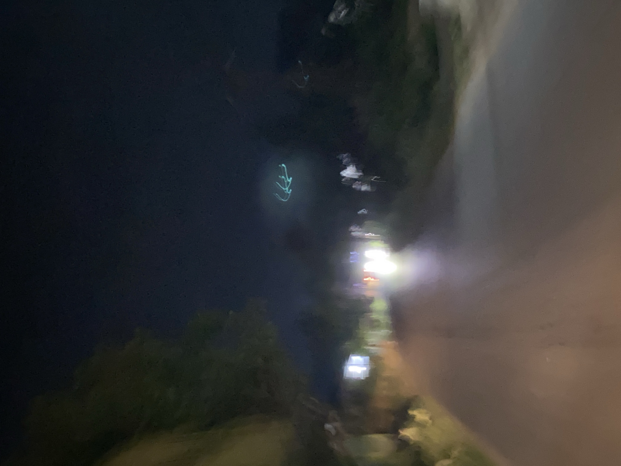 The image depicts a blurry nighttime scene on a road in Lhokseumawe, Indonesia. The perspective is from a vehicle, suggesting a moving camera. The road surface is visible and appears to be paved. On the left side of the road, there are indistinct shapes of trees and vegetation, with some illuminated areas that could be buildings or streetlights. On the right side, more trees and foliage are present.
In the distance, the headlights of another vehicle are intensely bright, creating a strong glare that obscures details. There are also scattered lights along the roadside, some appearing as rectangular shapes and others as more diffused glows.
In the upper portion of the image, there are some faint, wispy green lights that appear to be streaks, possibly from a drone or other aerial light source, or perhaps a photographic artifact. The sky is dark, indicating it is nighttime. The overall impression is one of a rural or suburban road at night, with limited visibility due to the darkness and the movement of the camera.