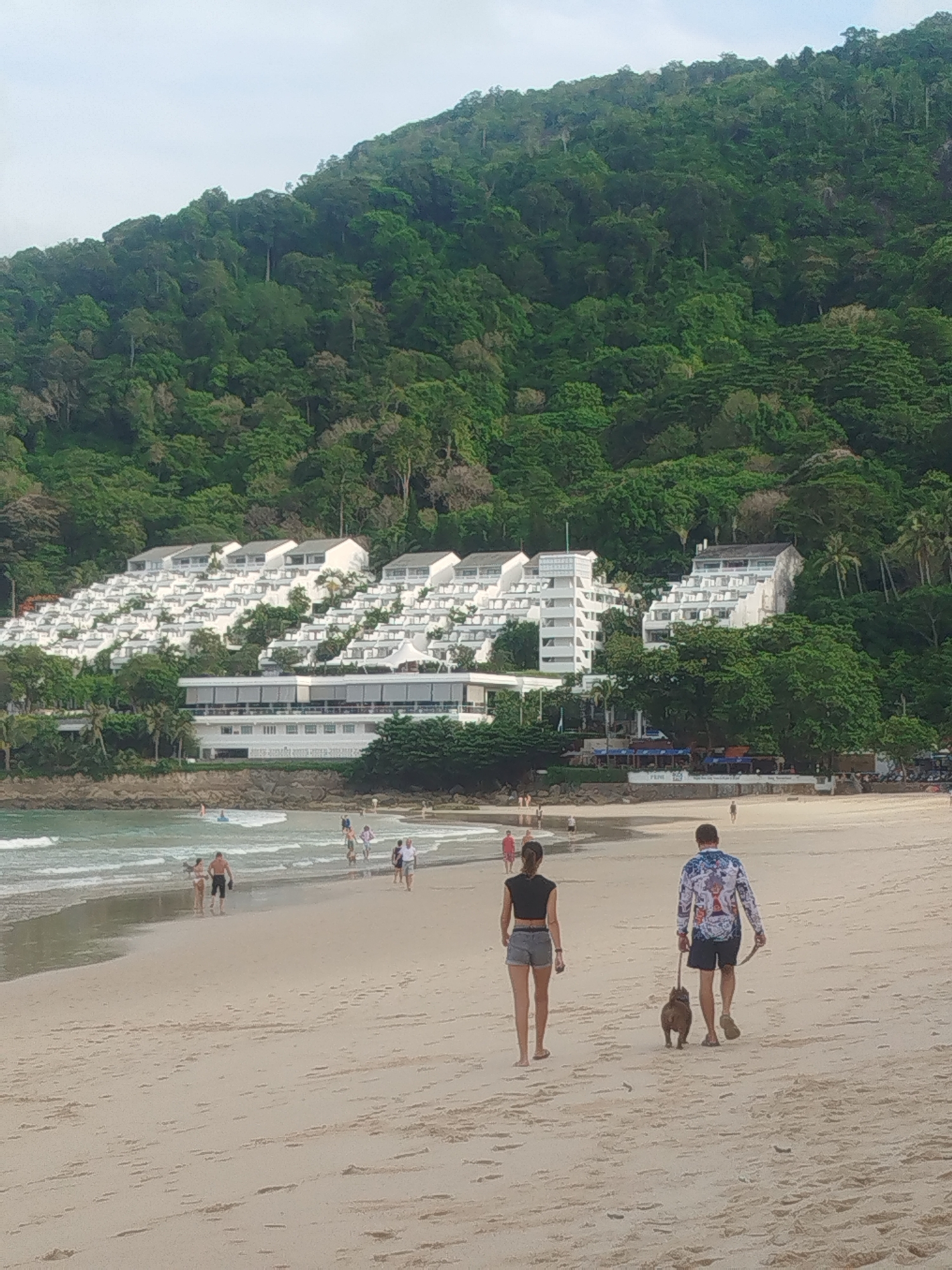 In Rawai, Thailand, a man, a woman, and a dog are walking on a sandy beach. The man is wearing a long-sleeved, patterned shirt and dark shorts, and he is holding the dog's leash. The woman is wearing a black crop top and denim shorts. The dog is a small, brown breed. The ocean is visible to their left, with gentle waves breaking on the shore. In the background, a lush, green hillside rises, dotted with white buildings that appear to be a resort or hotel complex. Several other people are scattered on the beach and in the water. The sky is overcast.