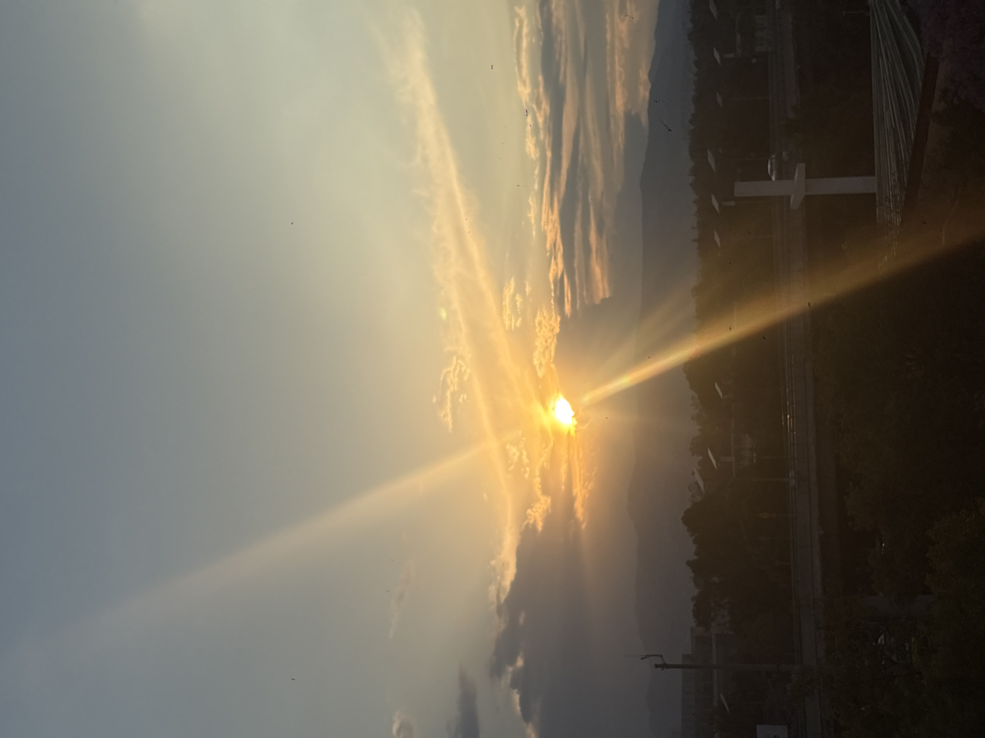 The image depicts a sunset scene. The sun is visible amidst the clouds, emitting bright rays. The sky is a mix of grey and orange hues. Below the sky, there are trees, powerlines and roads. There are also some tall structures present. The location is implied to be Mexico City, Mexico.