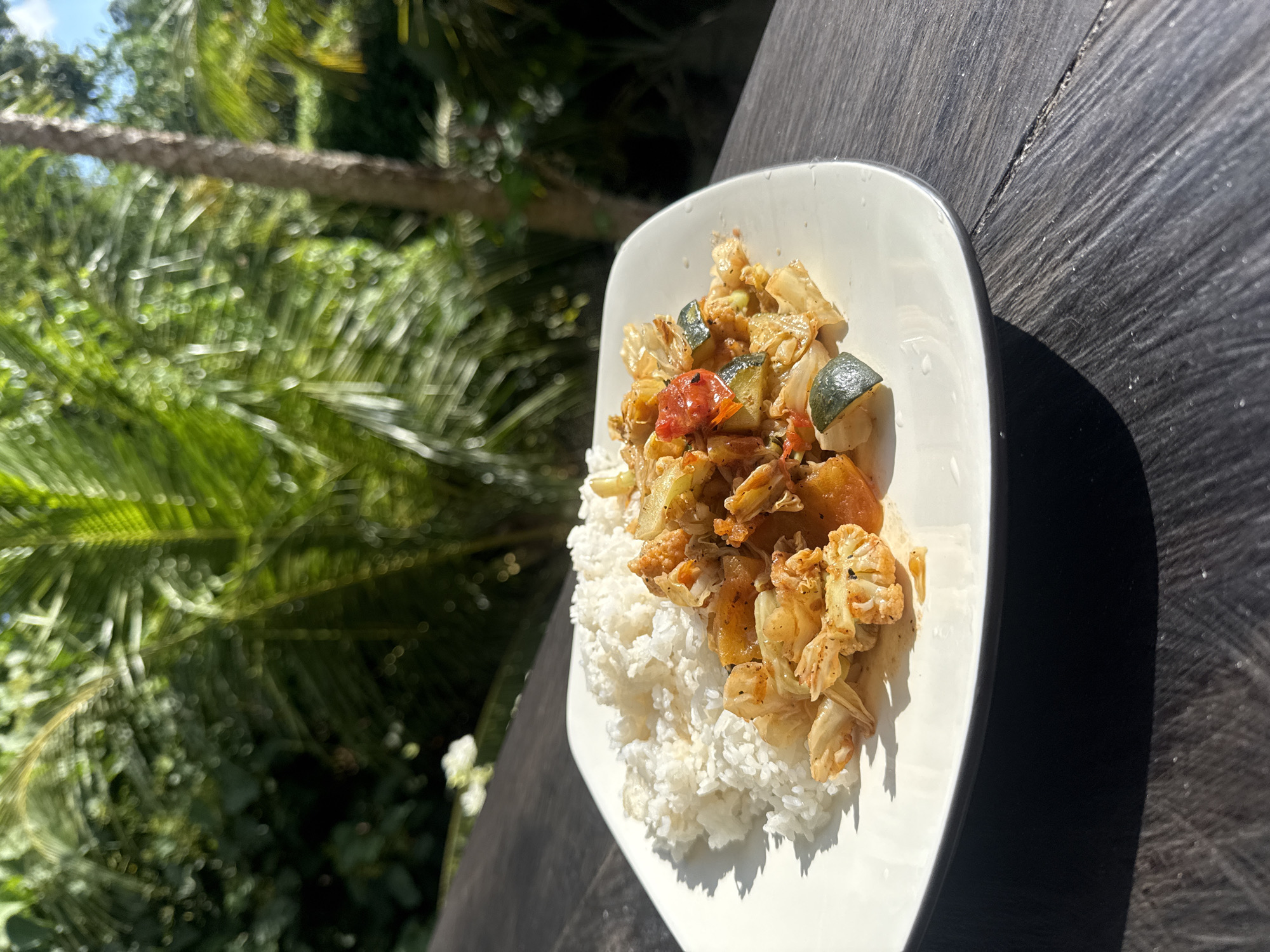 A white plate of food, consisting of white rice and a vegetable stir-fry, sits on a dark wooden table outdoors. The stir-fry contains pieces of cauliflower, zucchini, and tomatoes. In the background, out-of-focus lush green palm trees and foliage are visible, suggesting a tropical or subtropical environment, possibly in the city of Ubud District, Indonesia. Sunlight streams down, casting shadows on the table and plate.