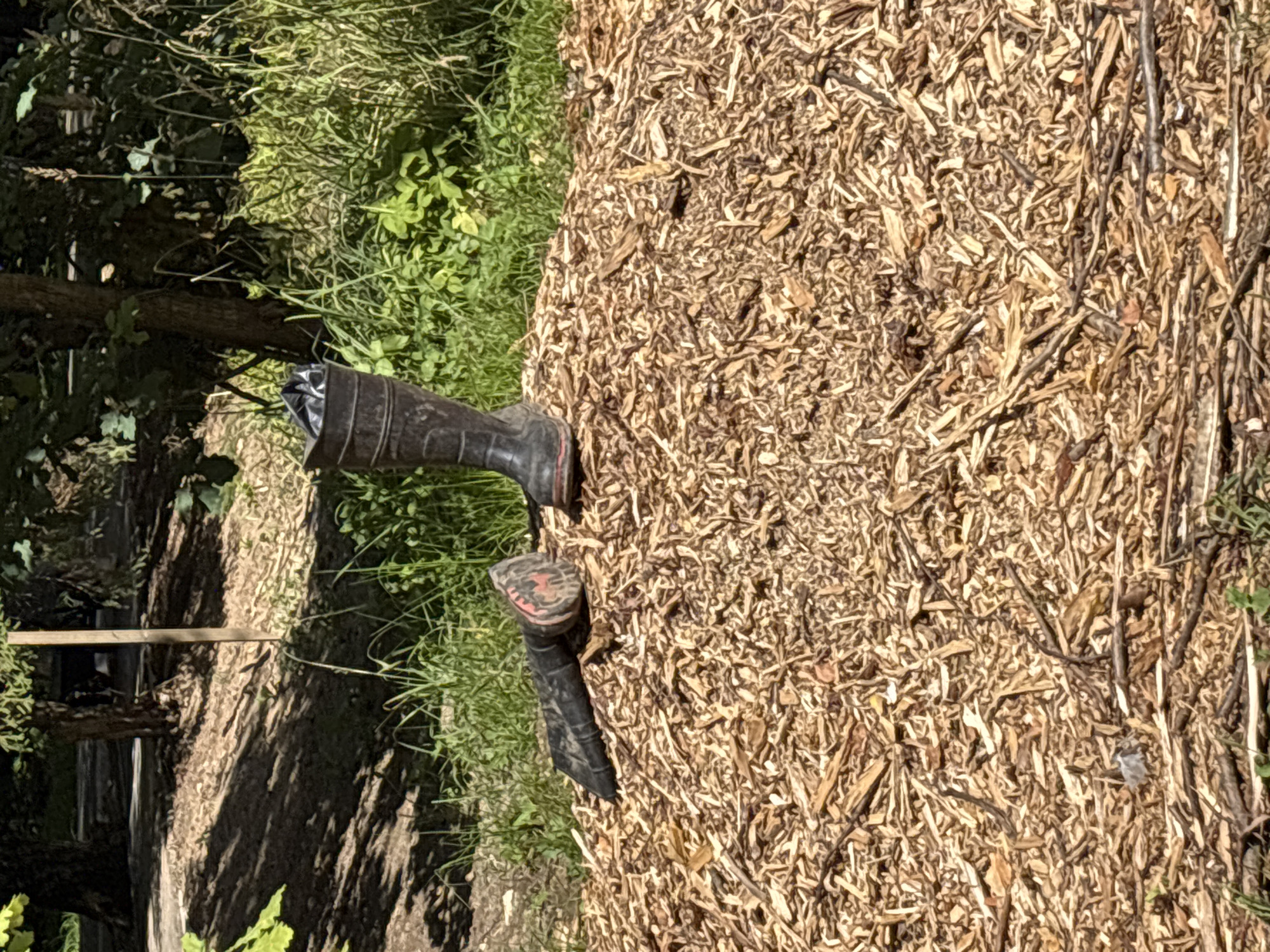 The image depicts a pile of wood chips in a natural setting, possibly a park or backyard. A single black rubber boot is standing upright on the pile, with its top filled with a black plastic bag. To the left of the upright boot, another black rubber boot lies on its side, partially embedded in the wood chips. The boot on the ground appears to have a red and black logo on its heel. In the background, there are trees and green vegetation. The lighting suggests it is daytime. The scene does not contain any specific details that would indicate a location in the city of Trekhgorka, Russia.