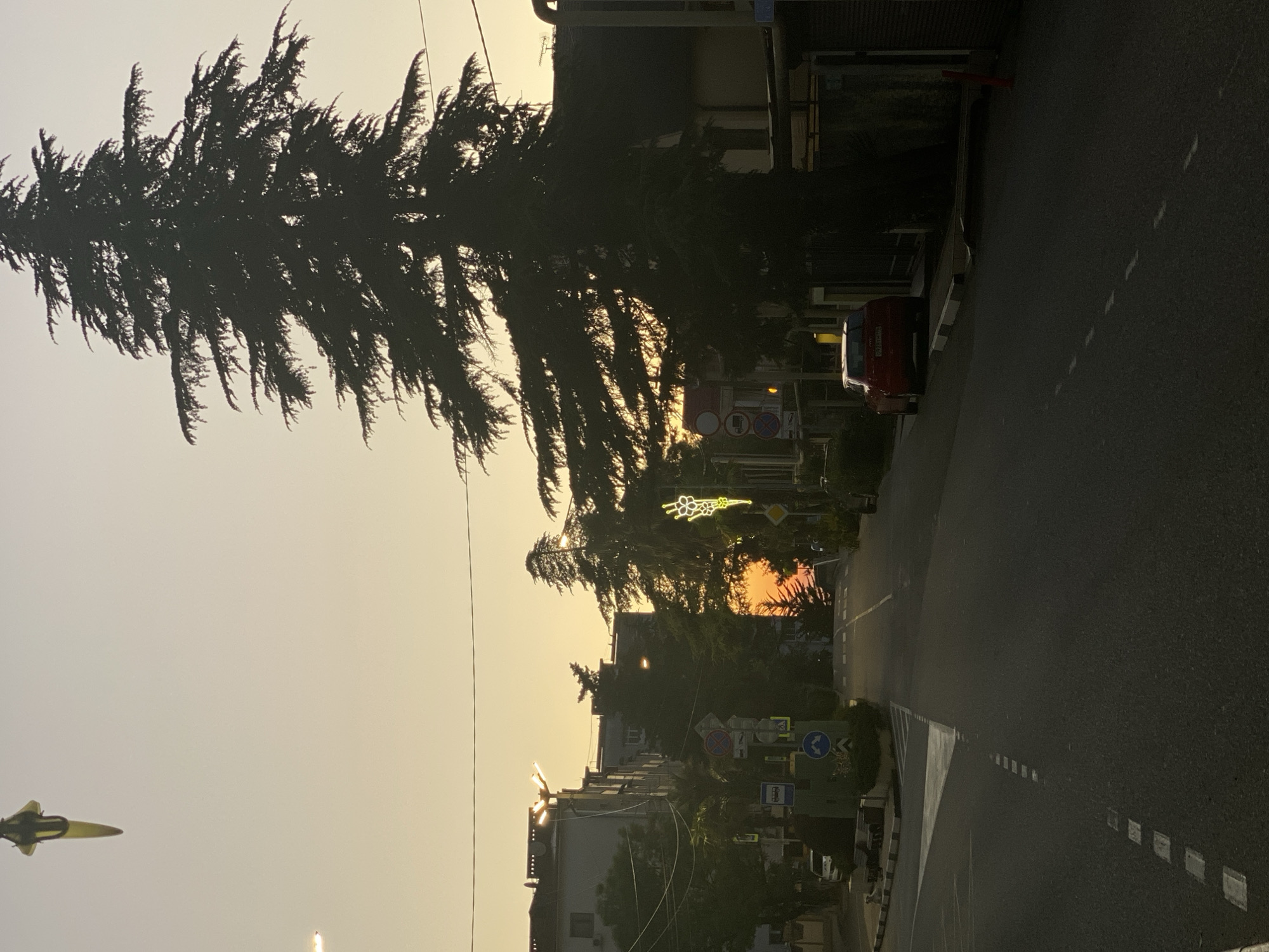 The image depicts a street scene in Sochi, Russia, at dusk. A tall, dark conifer tree dominates the left side of the frame, its silhouette contrasting against the orange-yellow sky. The street, paved with asphalt and marked with white dashed lines, extends into the distance. Buildings line the street, interspersed with trees and traffic signs. A red car is parked on the right side of the street. Overhead power lines cross the sky. A yellow object, possibly a kite or a decoration, is visible in the lower left corner. The overall impression is one of a quiet, urban street during twilight.
