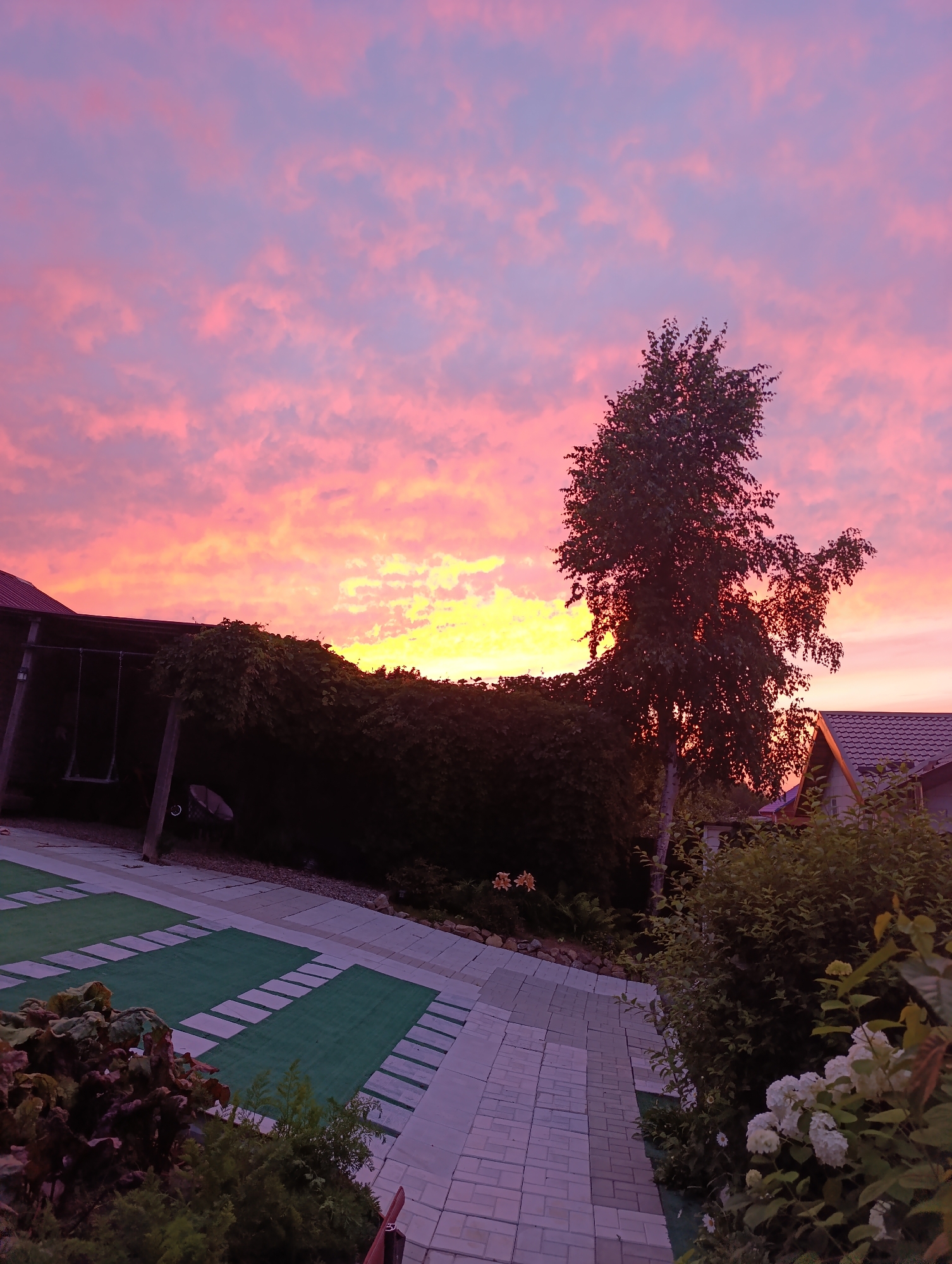 A late evening sky with vibrant pink and orange clouds is visible above a residential area. A tall, slender tree stands silhouetted against the colorful sky. In the foreground, a paved patio area leads to a lush green lawn section. A dark-colored structure, possibly a covered patio or porch, is situated to the left, with a swing set visible. Adjacent to the patio, dense green bushes and leafy plants create a natural barrier. A roof of a house with red tiles is visible in the background on the right. The scene appears to be a backyard in a suburban or rural setting. The lighting suggests it is dusk.