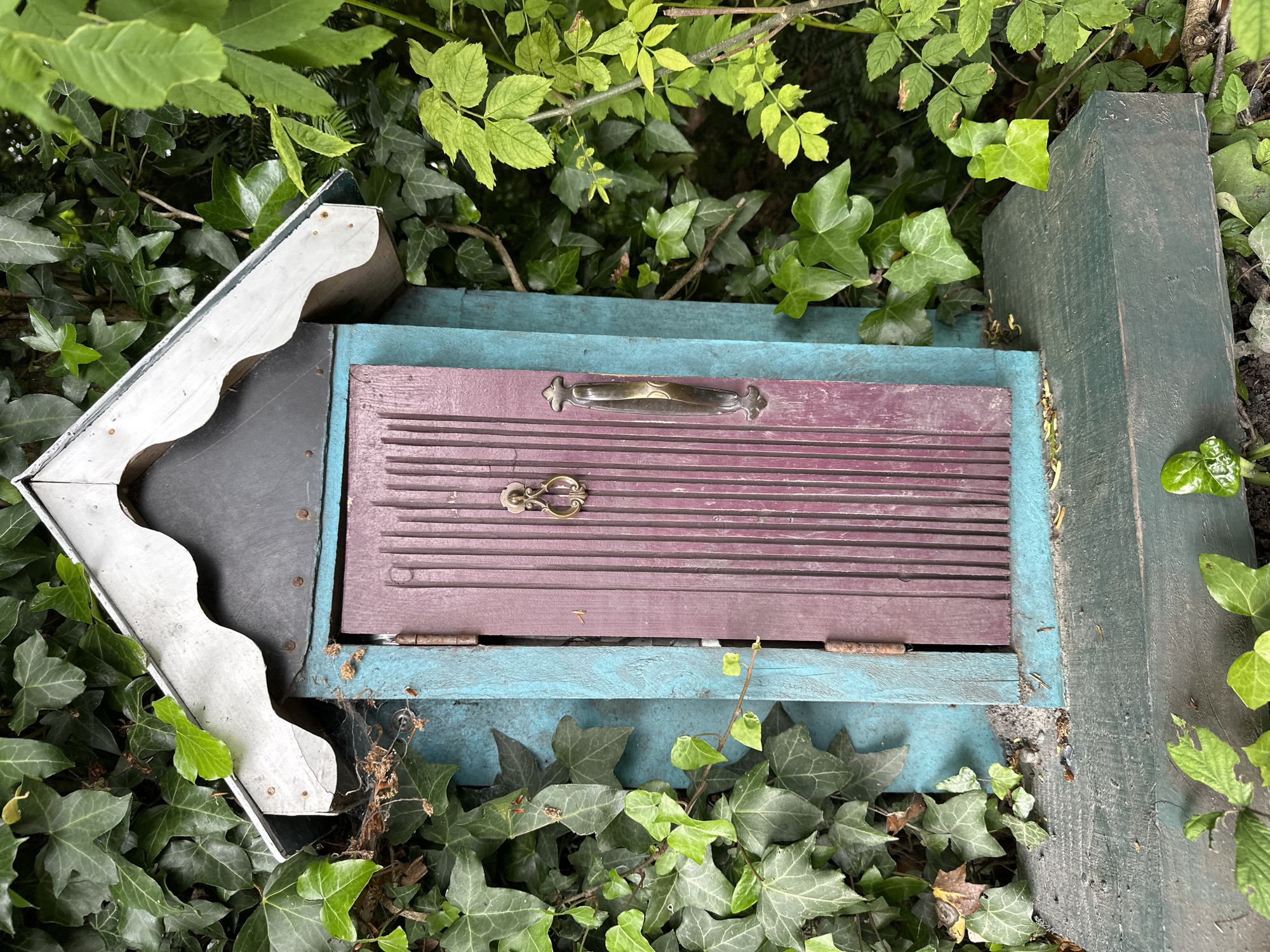 This is a close-up, eye-level, outdoor shot of a small, brightly colored, wooden structure, possibly a miniature house or mailbox, nestled amongst lush green ivy and other foliage. The structure has a teal-colored body and a dark grey, pitched roof with a decorative white trim. A deep purple, vertically grooved door with a brass doorknocker and handle is centrally located on the front of the structure. The overall impression is one of a whimsical, garden adornment. The specific location in the city of Castlecomer, Ireland is not discernable from the image itself.