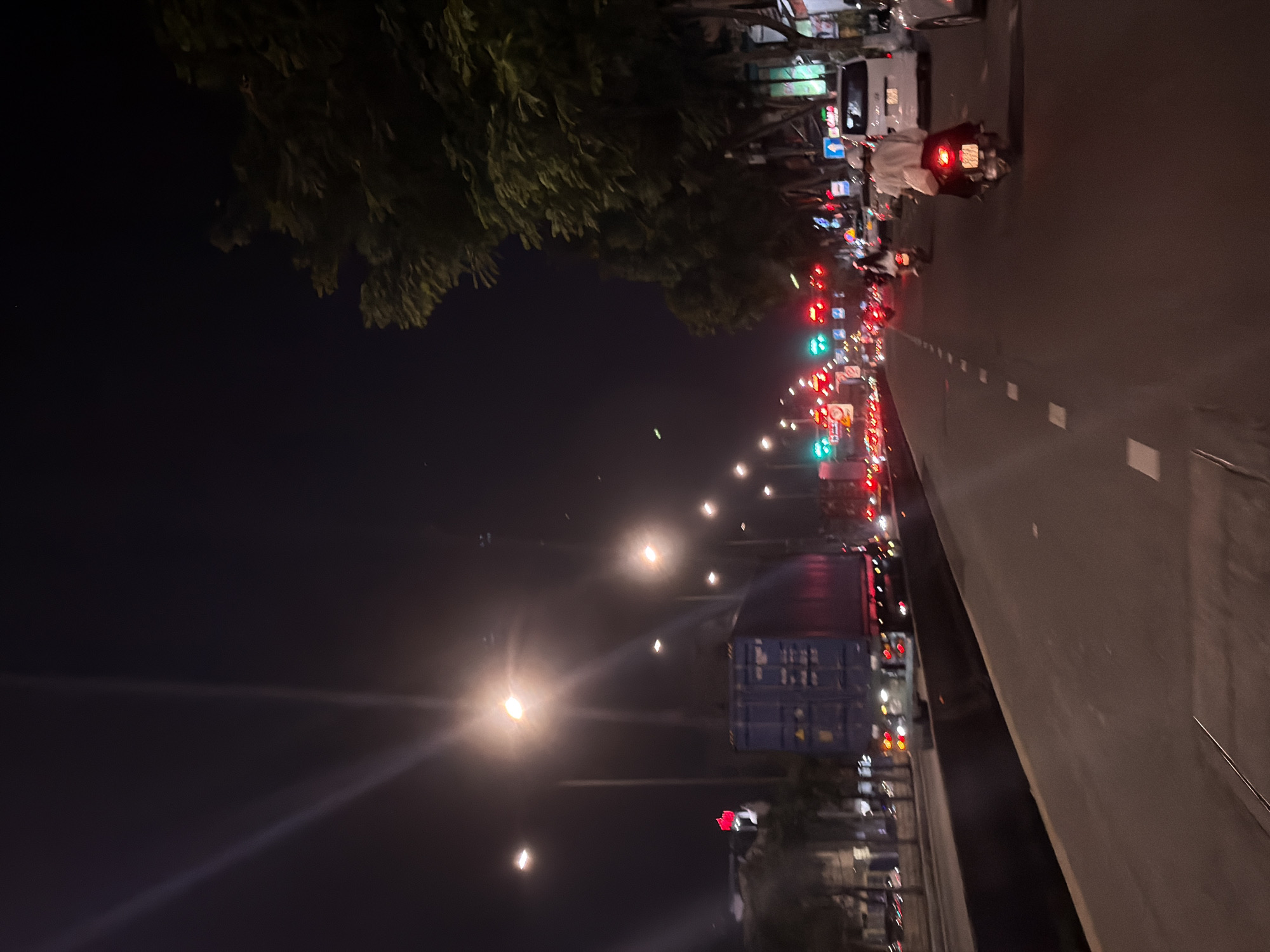 The image depicts a nighttime view of a multi-lane road in Đà Nẵng, Vietnam. The scene is illuminated by streetlights and the taillights of vehicles. A large blue shipping container is visible on the back of a truck in the left lane. Traffic lights with red and green signals are present. Several motorcycles are on the road, some with passengers. A white van is also in traffic. Trees line the right side of the road, with some buildings visible behind them. The overall impression is of a busy urban thoroughfare at night.