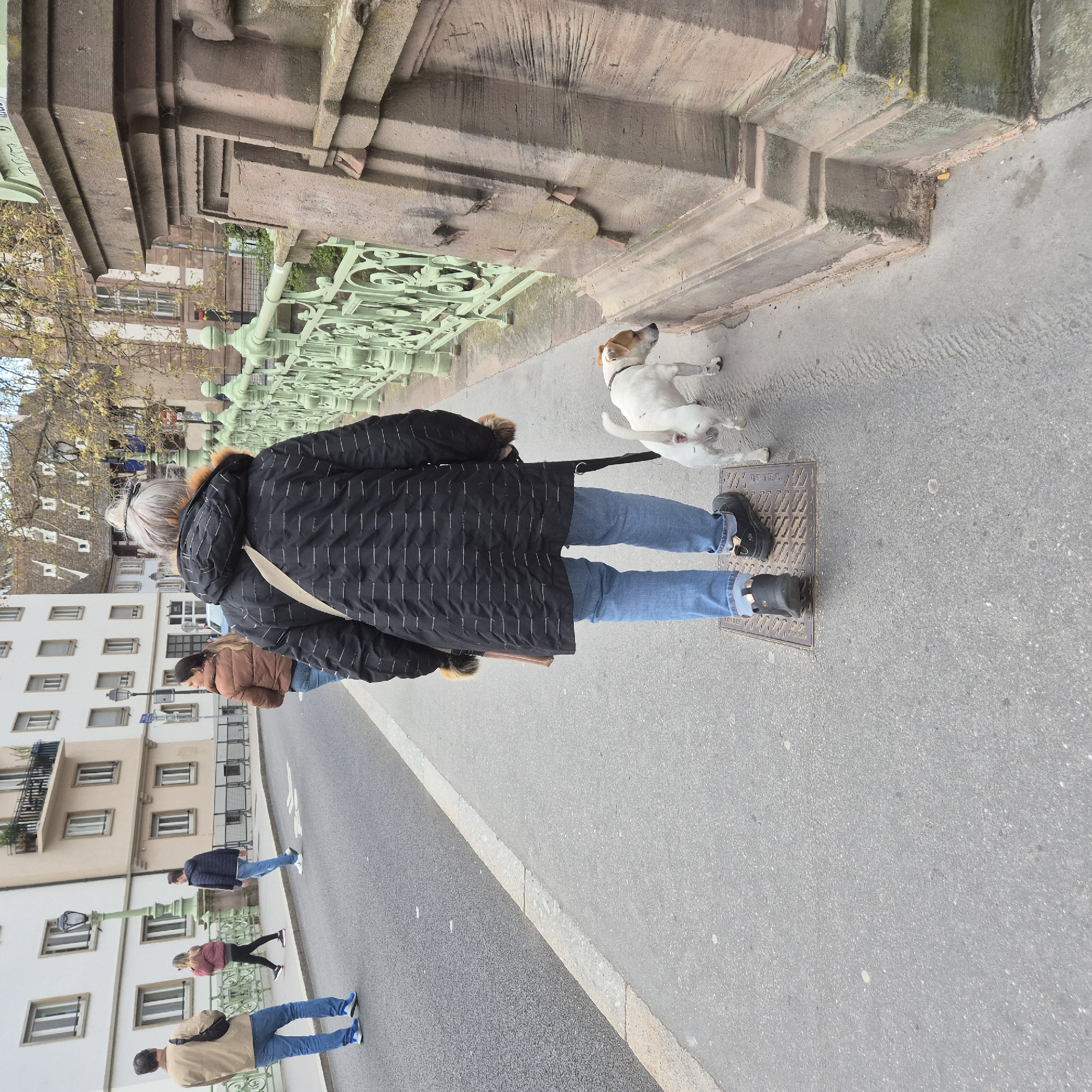 The image shows a woman standing on a manhole cover on the sidewalk in Strasbourg, France. She is wearing a black coat, blue jeans, and black shoes. A small white dog is on the sidewalk next to her, connected to a black leash in her hand. The sidewalk is made of gray concrete and is bordered by a light green railing. Behind the railing is a view of buildings with white facades and gray roofs. In the street, other people can be seen walking. The scene appears to be a typical day in Strasbourg, with people strolling along the sidewalk.