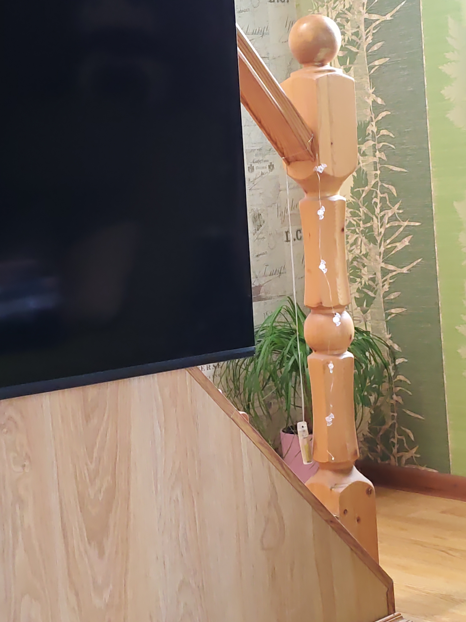 The image shows a wooden staircase railing with a carved post. A string with small white decorative elements hangs from the railing. Behind the railing, a large black object, likely a television screen, is visible. The background features a green patterned wallpaper. A potted plant with long green leaves sits near the railing. The scene appears to be indoors, possibly in a residential setting.