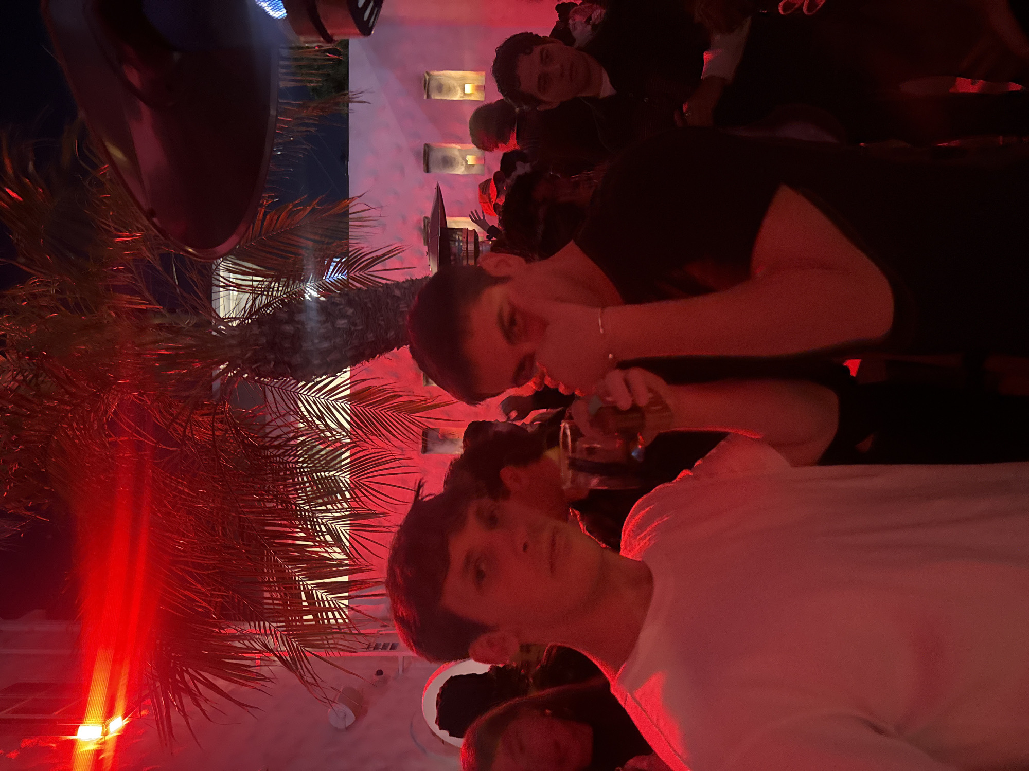 At night, the photograph depicts a group of people illuminated by red light, possibly in Los Angeles, California, United States of America. The focal point is on two males in the foreground. One male is wearing a white shirt, while the other is dressed in black. The person in black appears to be holding a glass. Palm fronds are visible on the left side of the frame, along with decorative lighting elements on a structure in the background. Additional individuals and architectural features are discernible behind the foreground subjects, though less clearly due to the red lighting.