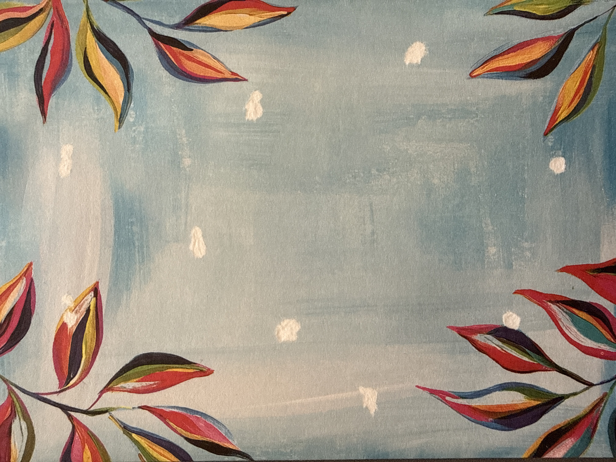 The image displays a painting with a soft blue textured background that resembles a watercolor effect. Scattered across this background are several small, irregular white shapes that appear to be dabs of paint. In the corners of the painting, there are stylized depictions of leaves or petals. These elements are painted with vibrant colors, including red, orange, yellow, green, blue, and purple, outlined with dark lines. The leaves are arranged on thin, dark branches. The painting does not depict any identifiable landmarks or features of West Sacramento, or any specific location in the United States of America. It is a purely artistic composition.