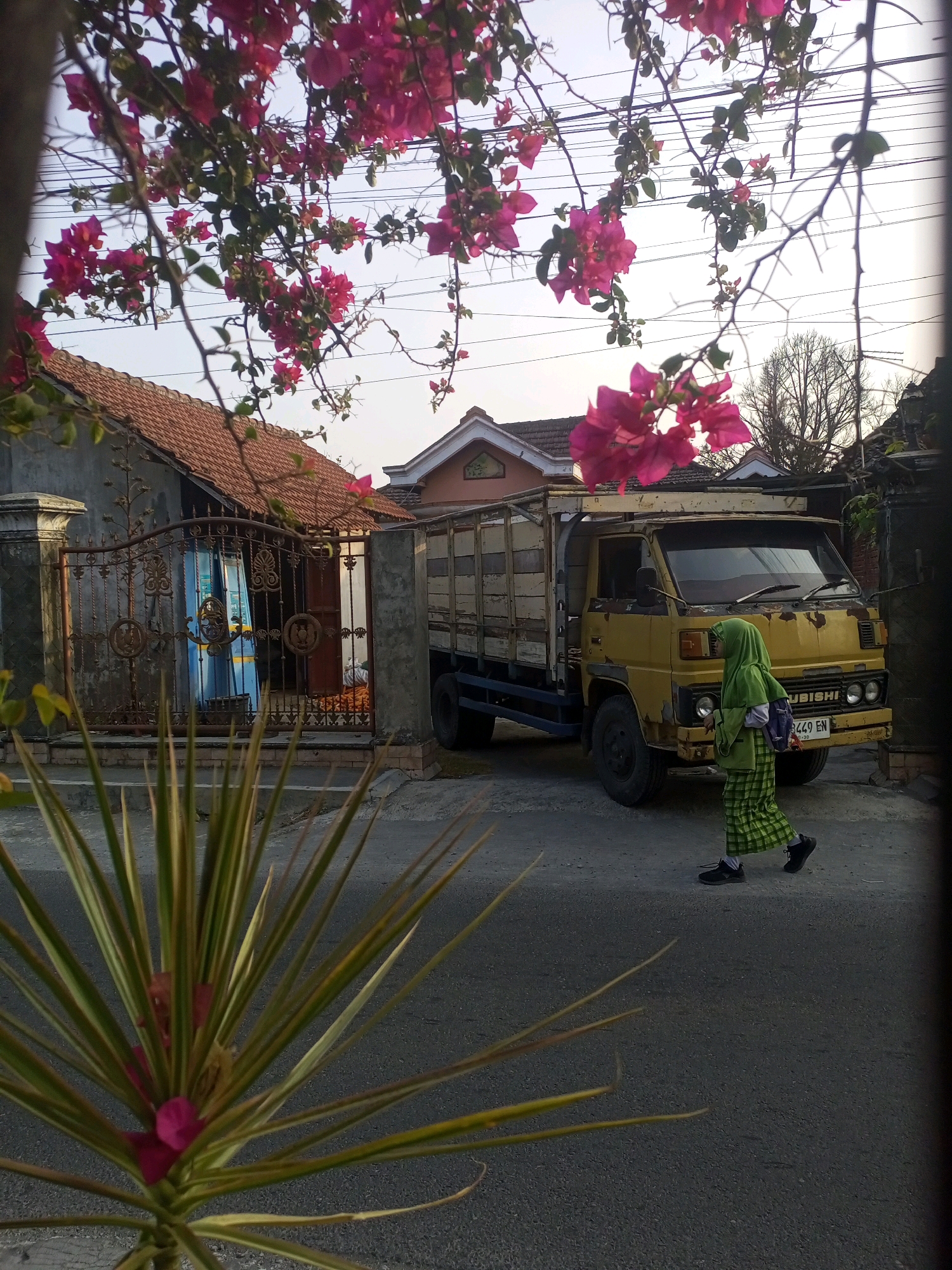An outdoor, medium-shot photograph captures a scene in the city of Ngasem, Indonesia, where a young person in a green hijab and matching green checkered skirt walks beside a yellow truck. The person is moving from right to left in the frame, carrying a purple bag. The truck, partially obscured by the foreground foliage, is parked on an asphalt surface, which appears to be a road or a driveway. The truck's license plate is visible and reads "B 449 EN".
Behind the truck, a house with a terracotta tiled roof and a grey concrete wall is visible. A decorative metal gate is in front of the house, with intricate patterns. Pink bougainvillea flowers are blooming on branches that hang over the scene, some of which are in the foreground, out of focus. The sky is a pale blue, suggesting it may be early morning or late afternoon. The overall lighting is soft, indicative of a twilight hour. The environment appears to be a residential area.