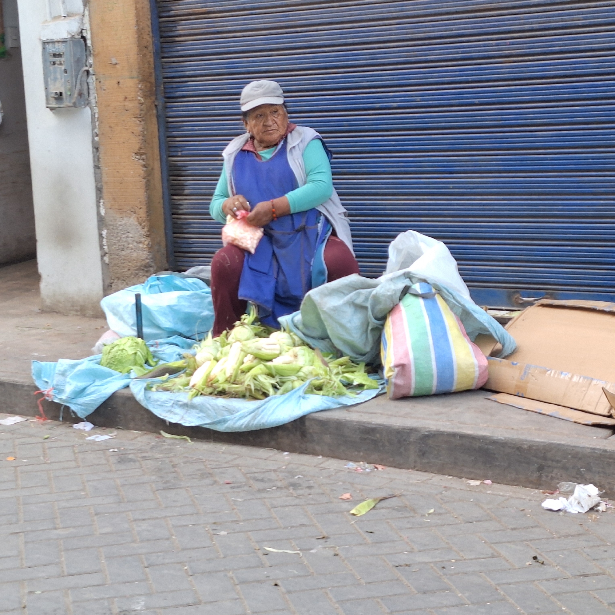 A woman sits on a sidewalk in José Luis Bustamante y Rivero, Peru, preparing corn. She wears a light-colored cap, a teal long-sleeved shirt, a gray vest, a blue apron, and maroon pants. She is seated on a light blue sheet filled with ears of corn. A striped bag and a cardboard box are positioned near her. A blue corrugated metal door is behind her. To her left, there's a white wall with an electrical box. The sidewalk is paved with rectangular gray bricks and scattered with debris.
