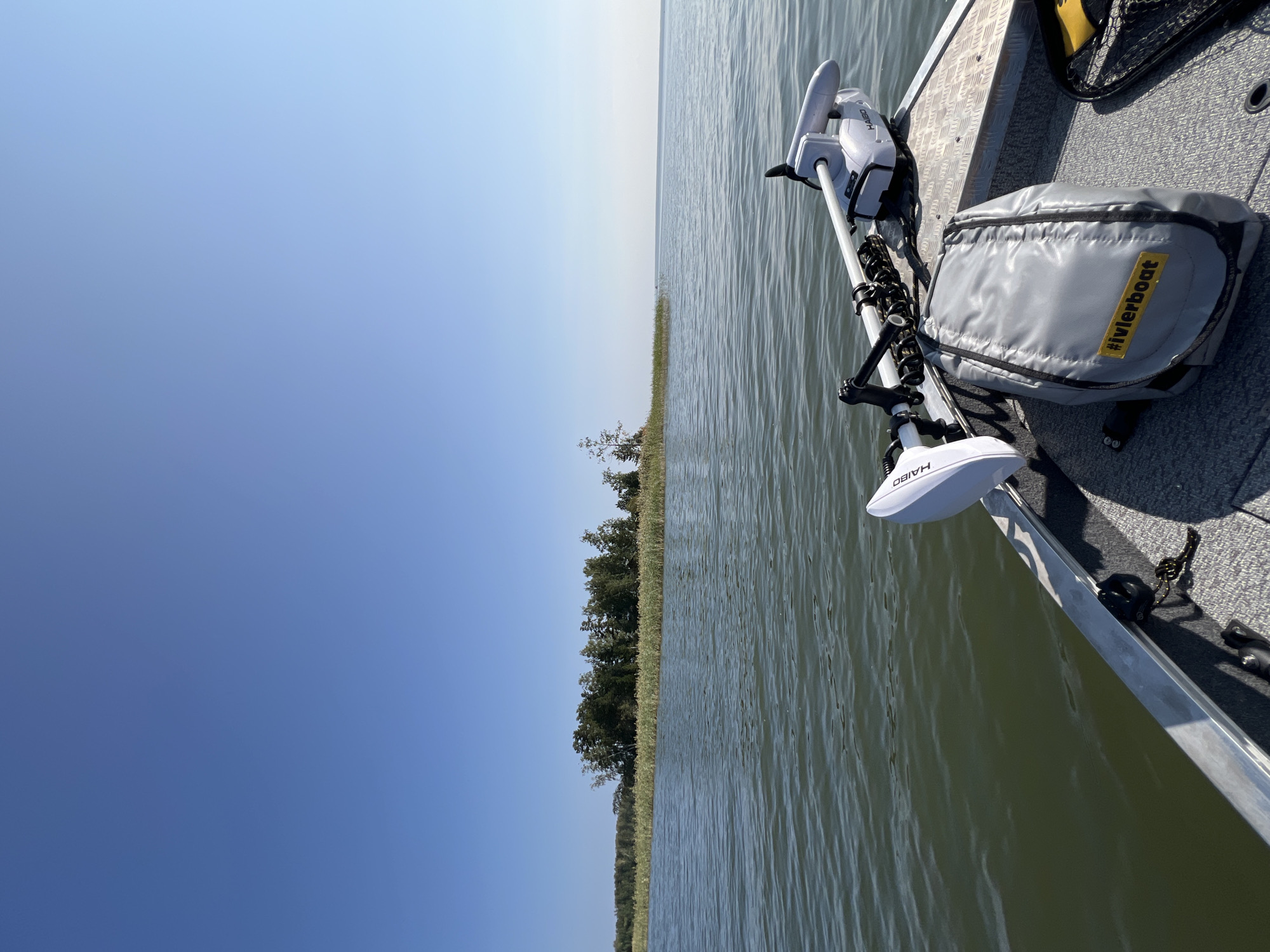 An over-the-shoulder perspective from a boat shows a clear, bright blue sky above a calm, green body of water. In the distance, a shoreline with dense trees and tall, dry reeds is visible. The foreground of the image is dominated by the interior of the boat, featuring a grey upholstered seat, a silver metal railing, and a white electric trolling motor mounted on the bow. A grey bag with a yellow tag reading "#ivlerboat" rests on the seat, and a black fishing net with a yellow handle is partially visible to the right. The scene suggests a peaceful day spent on the water.