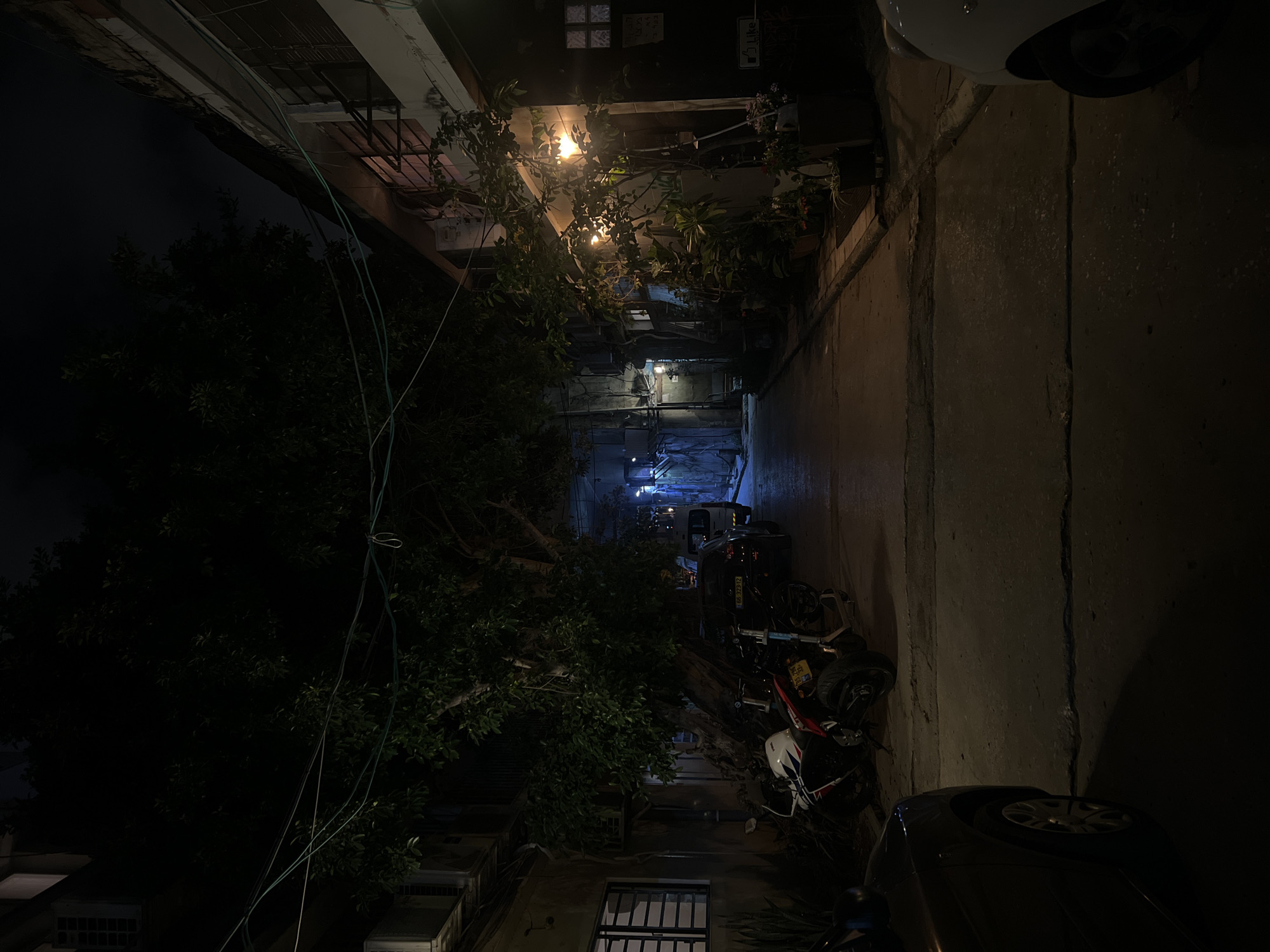 This is a low-light, nighttime photograph of a narrow alleyway in the Florentin neighborhood of Tel Aviv, Israel. The alley is lined with apartment buildings, one on the left and one on the right. A large tree with dense foliage dominates the center of the frame, casting shadows.
On the left side of the alley, a building has several windows with horizontal blinds. Air conditioning units are visible. To the right of the tree, several motorcycles and a scooter are parked. One motorcycle is white with red and blue accents. Further down the alley, a dark-colored car and a white van are parked. The ground of the alley is paved with concrete, showing cracks and some unevenness.
The building on the right has a facade with windows, some of which are illuminated from within, casting a warm glow. There are several potted plants along the walkway next to this building, and a wall lamp illuminates the area near them. A sign with a "Like" icon is visible on the right wall.
The overall atmosphere is dark and quiet, typical of a residential alley at night. The lighting is sparse, coming from internal building lights, the wall lamp, and the headlights of the parked vehicles. The sky is dark and cloudy. There are no people visible in the scene.