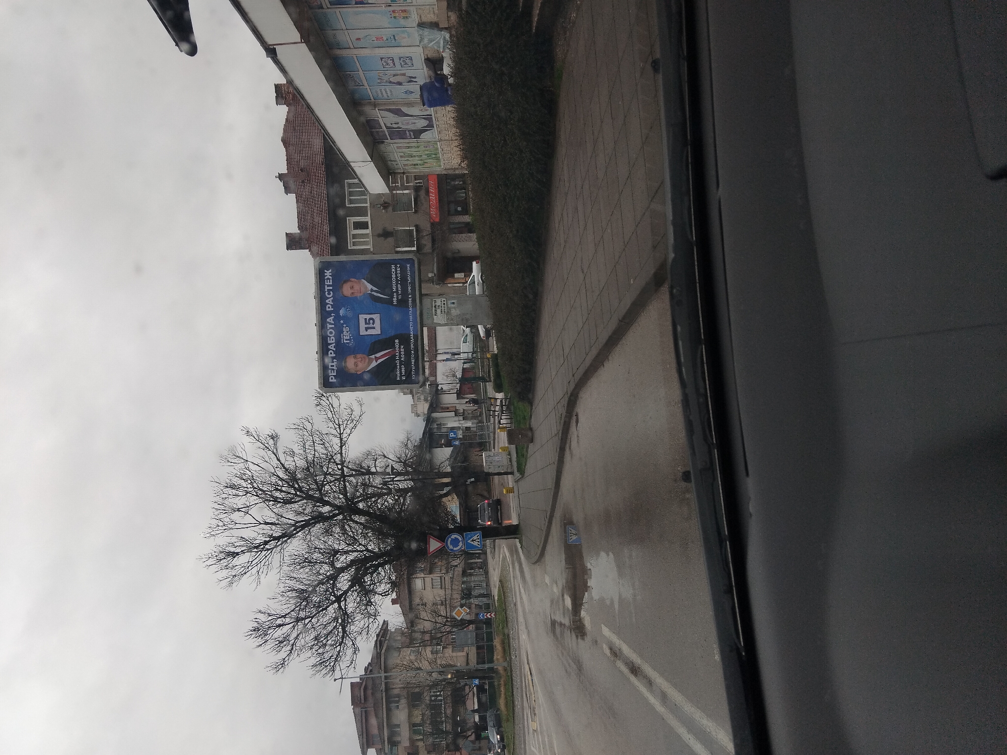 The image presents a street scene in the city of Troyan, Bulgaria, under overcast skies. The view appears to be from inside a vehicle, looking out at the cityscape. A political billboard displaying images of Nikolay Nankov and Ivan Mihovski with the slogan "RED, RABOTA, RASTEZH" (Order, Work, Growth) and the number 15 is prominently visible. Adjacent to the billboard, buildings with commercial signage are present. A bare tree stretches its branches towards the sky. On the road, typical road markings and wet asphalt indicate recent or current damp conditions. Traffic signs are visible along the roadside.