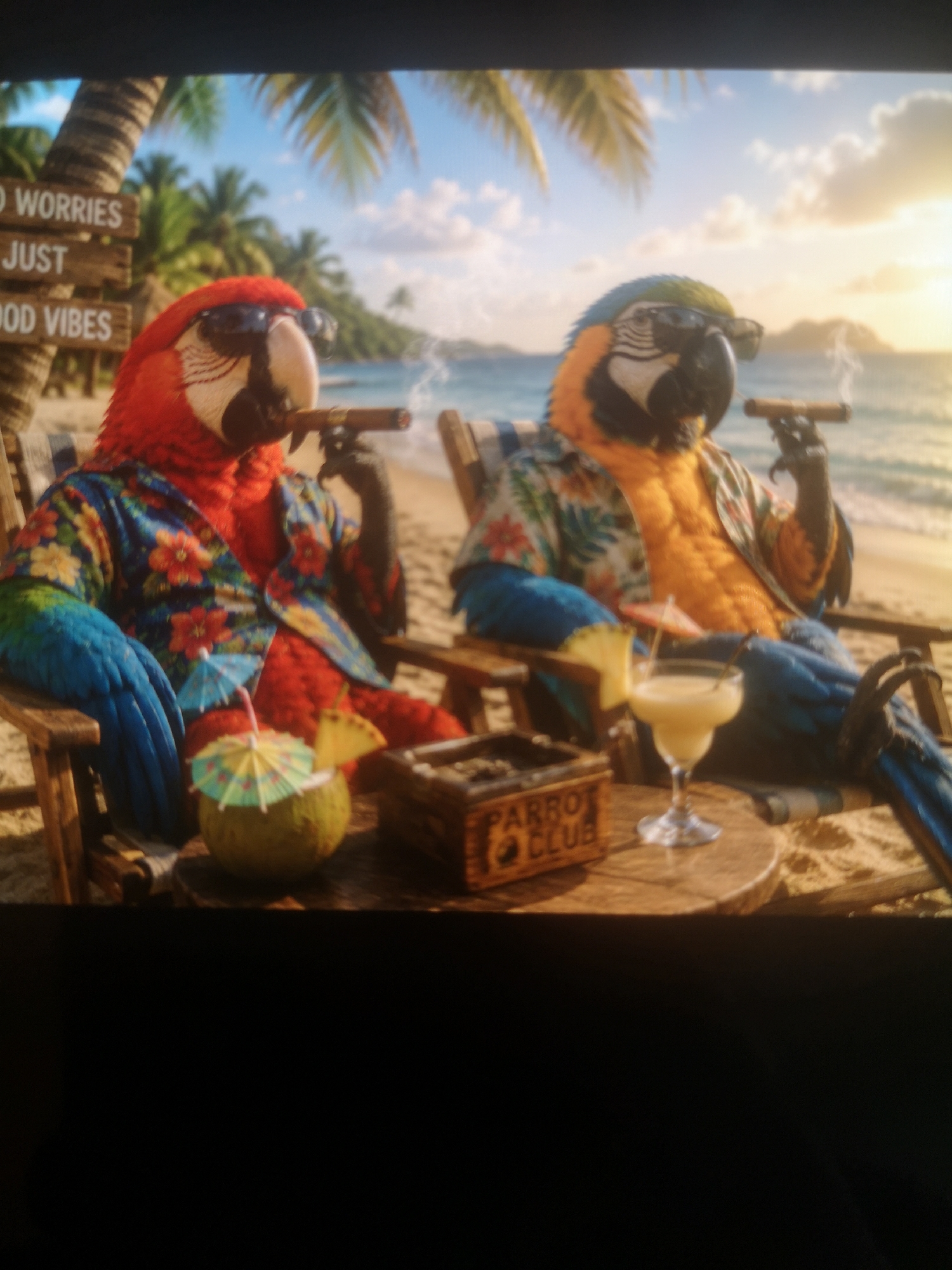 Two parrots, one red and one blue and yellow, are relaxing on a beach. They are sitting in beach chairs, wearing sunglasses and floral shirts, and smoking cigars. A table between them holds a coconut drink with a small umbrella, a margarita, and a wooden box labeled "PARROT CLUB." In the background are palm trees, a beach, and the ocean. A wooden sign reads "NO WORRIES JUST GOOD VIBES." Location: Unknown, Unknown.