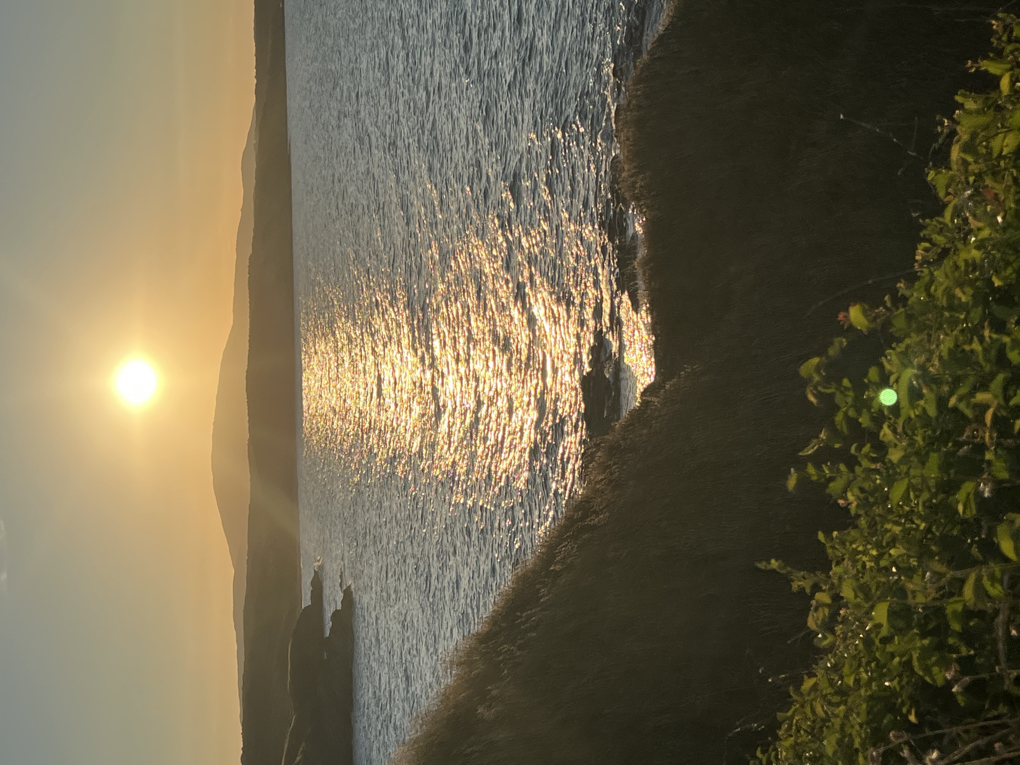 The image depicts a serene coastal landscape during sunset in Sinemorets, Bulgaria. The sun, a bright, radiant orb, hangs low in the sky, casting a golden glow across the scene. Its light glints off the surface of the sea, creating a shimmering pathway of light that leads towards the horizon. Rolling hills, silhouetted against the warm sky, form a distant backdrop. The foreground is dominated by a grassy incline, with lush green vegetation growing at its base. The water appears calm, with gentle ripples disturbing its surface. The overall impression is one of tranquility and natural beauty.