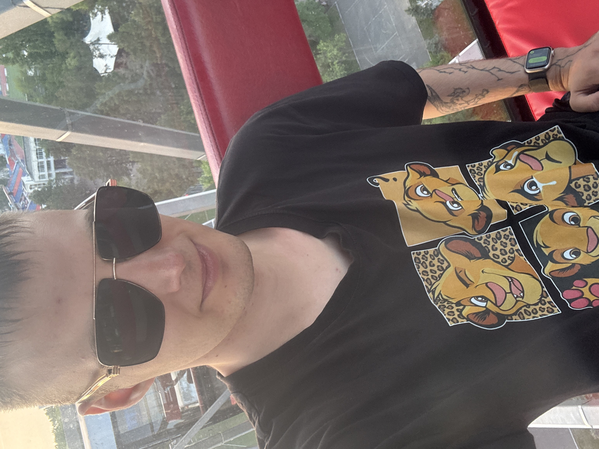 A person is sitting in a red seat, possibly in a Ferris wheel gondola, as suggested by the window framing the image, with the urban landscape visible outside. The person is wearing sunglasses and a black t-shirt with a graphic featuring cartoon lions framed by leopard print. The person's left arm is visible and displays tattoos and an Apple watch. The setting is suggestive of a tourist location or amusement park. The visible elements of the urban landscape beyond the window do not provide sufficient information to pinpoint the exact location as Khabarovsk, Russia.
