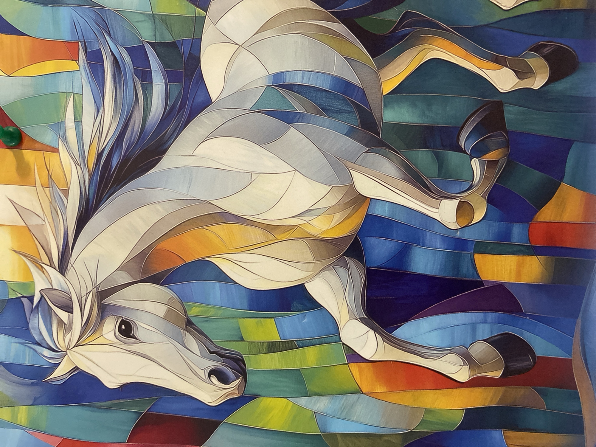 A stylized, cubist painting of a white horse in mid-stride is the subject of this image. The horse is rendered in geometric shapes and a vibrant palette of blues, greens, yellows, oranges, and reds, creating a stained-glass effect. Its mane and tail flow dynamically, suggesting movement. The background is composed of abstract, vertical bands of color that echo the geometric style of the horse. There are no people or discernible locations, cities, or countries visible in the painting.
