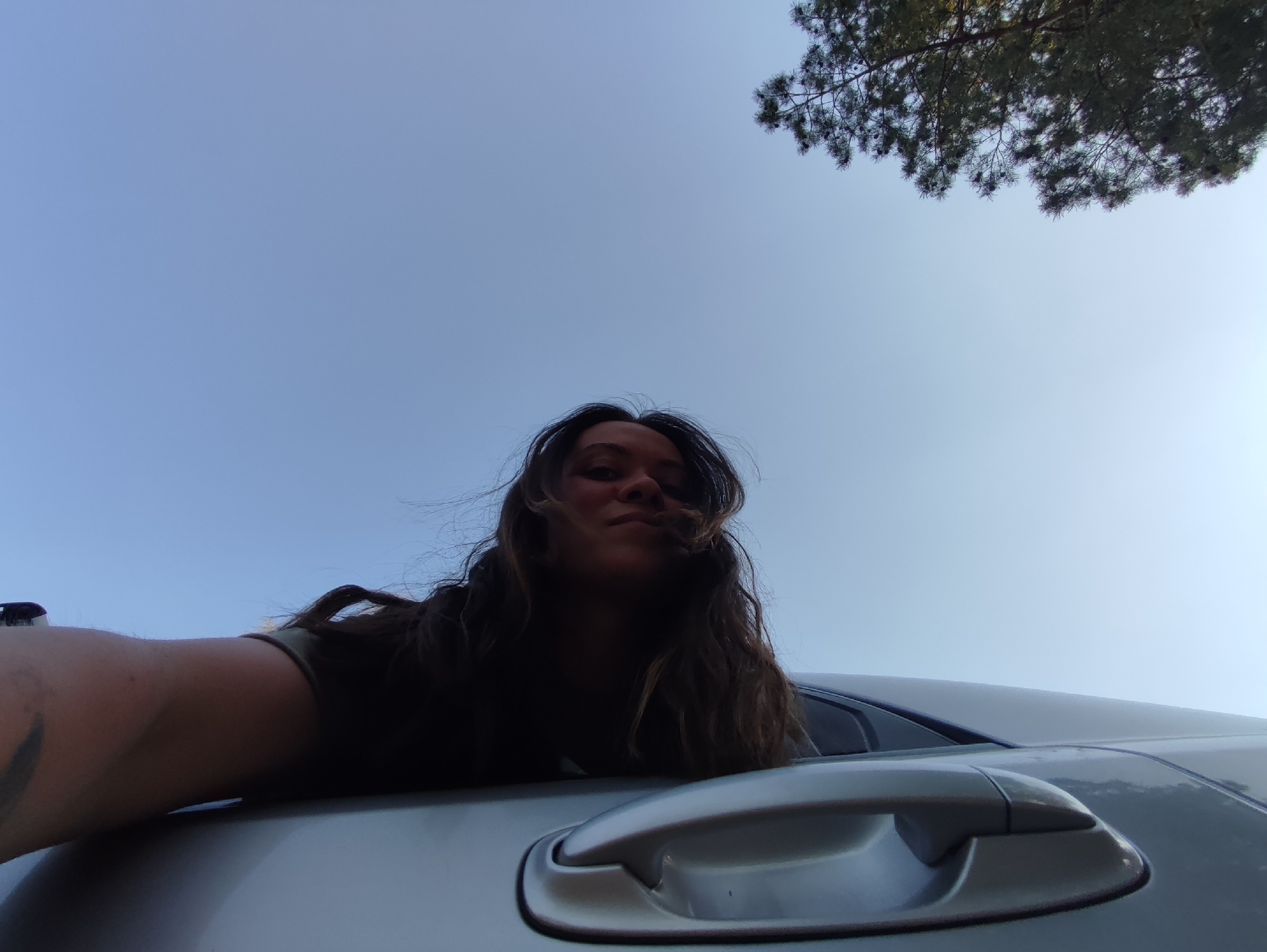 A woman is leaning out of the open window of a silver car. Her head and shoulders are visible above the car door, and she is looking downwards towards the camera. Her long, dark hair is slightly windblown. The car door handle is visible in the foreground. The sky is a clear, light blue. In the upper right corner of the frame, there is a small section of a tree branch with green foliage. The location is unidentifiable.