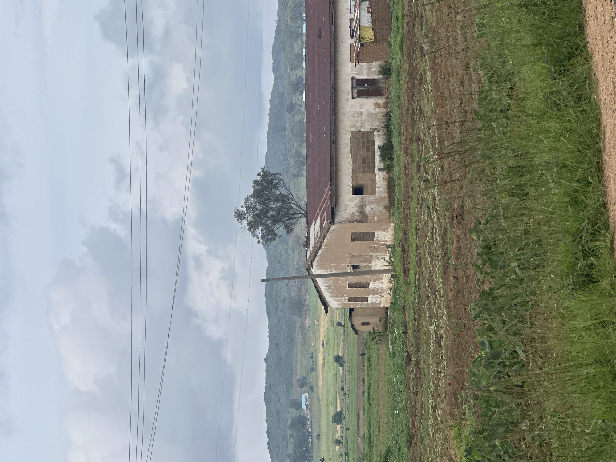 This is a medium-distance, eye-level, full-shot photograph capturing a rural landscape in Vom, Nigeria. The scene is dominated by a long, single-story building with a weathered, off-white exterior and a rusty, corrugated metal roof. The building appears to be a farmhouse or agricultural structure, with several boarded-up windows and at least two doors. To the left of the main building, a smaller, similar structure is visible, also with a simple design and appearing somewhat dilapidated.
In front of the building, a field is tilled, with rows of young plants, possibly crops, clearly defined in the reddish-brown soil. The foreground is filled with lush green grass and vegetation, some of it tall and overgrown, suggesting a natural or semi-wild setting. In the background, rolling hills covered in green vegetation rise under a cloudy, grey sky. Several other scattered structures with blue and white roofs are visible in the distance, nestled into the landscape. Power lines stretch across the upper portion of the image, a common sight in many rural and semi-urban areas. The overall impression is one of a working agricultural area, perhaps a farm or a community settlement, set against a natural, hilly backdrop.