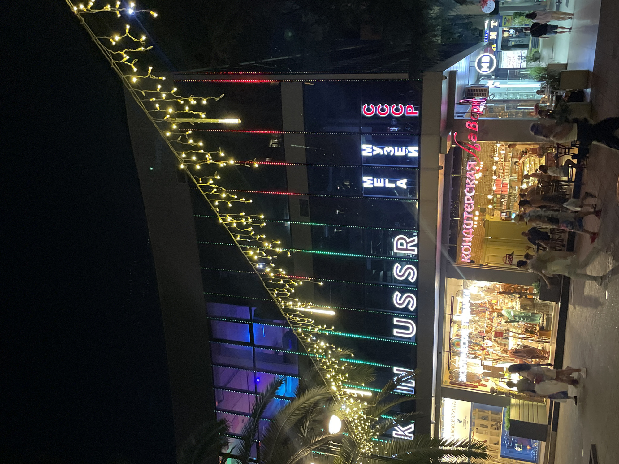 The image depicts a nighttime scene on a street in Sochi, Russia, characterized by illuminated signage and a festive atmosphere. A prominent neon sign across the upper facade of a building reads "K IN USSR," with individual letters lit in white. Below this, additional neon signs are visible, including "MEGA," "MUSEUM," and "CCCP" (the Russian abbreviation for USSR), all illuminated in various colors. Decorative string lights, predominantly yellow and white, hang across the foreground, creating a canopy effect.
The building features large glass windows, revealing a brightly lit interior of what appears to be a shop or cafe filled with display items, including what look like souvenirs or gifts. In front of the establishment, several people are walking on the sidewalk, some in groups and others individually. The people are dressed in casual attire, and some are interacting with each other. Palm trees are visible on the left side of the image, suggesting a warm climate or a coastal location. The overall impression is of a lively commercial area at night.