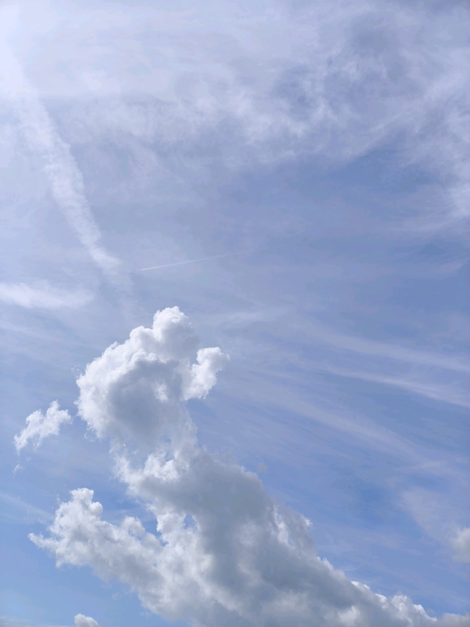 The image shows a clear blue sky with scattered clouds. A contrail from an airplane is visible stretching across the sky. In the foreground, large, fluffy white clouds dominate the lower portion of the frame, with some wispy clouds in the background. The scene is likely a daytime outdoor shot with no people or specific objects of interest other than the clouds and the sky. The location, Passignano sul Trasimeno, Italy, suggests a natural landscape or a view from an elevated point.