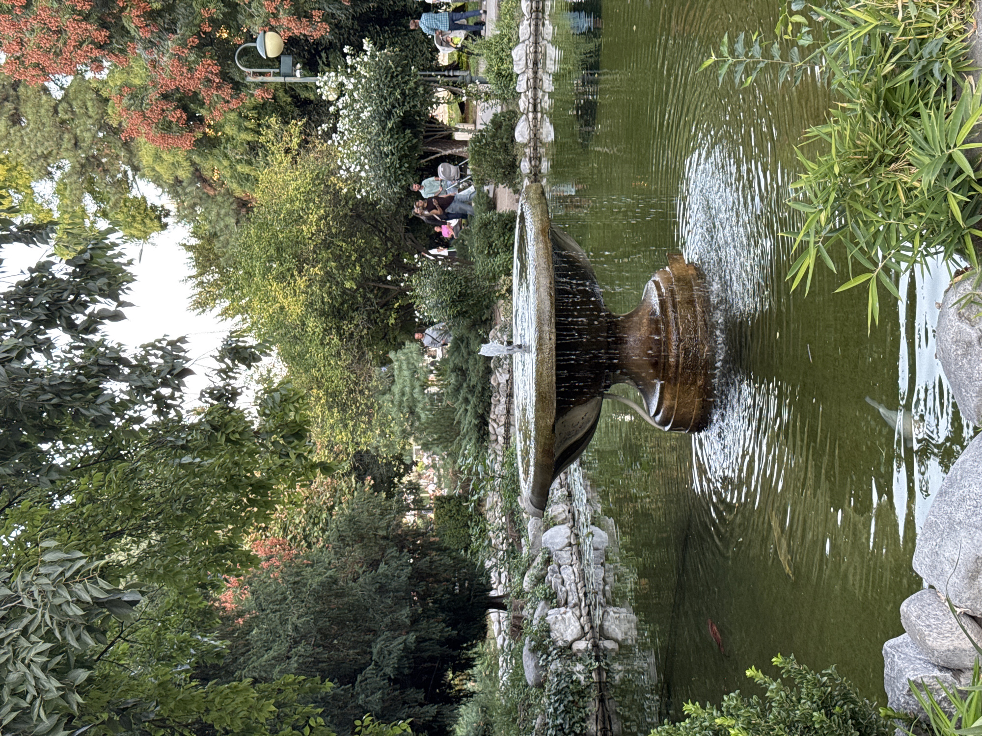 This image depicts a serene park scene, likely located in the city of Plovdiv, Bulgaria, given the context. In the foreground, a stone fountain with water cascading from its tiered structure sits in the center of a tranquil pond. The pond's surface is rippled, reflecting the surrounding greenery and the overcast sky. Several fish, including a visible red-orange koi and a pale, elongated fish, swim beneath the surface. The pond is bordered by large, light-colored stones and lush vegetation, including bamboo-like plants and ivy.
Beyond the pond, the park is densely populated with various trees and bushes. A prominent tree with clusters of red berries hangs over the scene on the right. In the middle ground, several people are visible. A group of adults are walking and talking, with one pushing a stroller. Another person is walking a stroller on a path further back. A street lamp with a yellowish globe is mounted on a pole, also on the right side of the image. The overall atmosphere is peaceful and natural, suggesting a public park designed for relaxation and recreation.