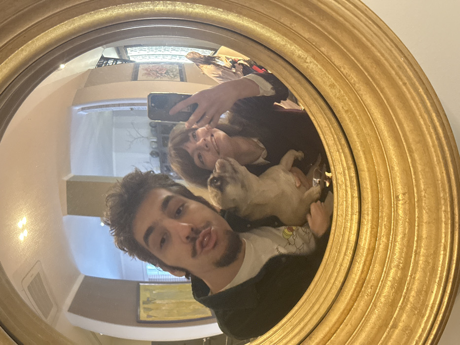 The image displays a reflection within a circular, convex mirror featuring a golden, ribbed frame. The scene, located in an interior setting in Tarasovka, Russia, primarily features two individuals and a dog. On the left side of the reflection is a man with dark, disheveled hair, a mustache, and a goatee, wearing a dark jacket over a white t-shirt; his tongue is slightly extended. On the right, a woman with dark, shoulder-length hair and bangs wears a dark sweater over a white collared shirt, smiling while holding a dark-colored smartphone in her right hand, positioned to capture the mirror's reflection. Between the man and woman, a light-fawn colored pug dog is held, looking upward and to the left. The background of the reflection reveals light-colored walls, a rectangular abstract painting with yellow hues on the left, and a framed picture with botanical designs on the right. A shelf adorned with various decorative objects is visible behind the subjects. A partial view of a window with vertical elements is present on the far right, along with a partial reflection of a fourth individual.