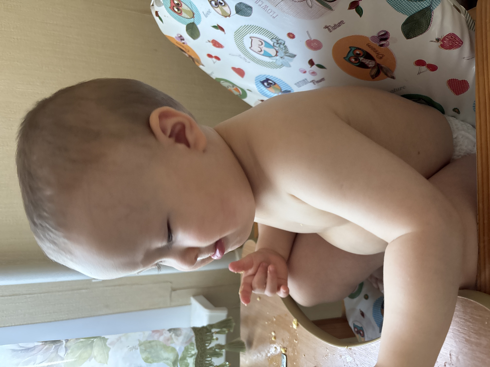 A baby is seated in a high chair, likely at a home dining table. The baby, facing right and looking down, is partially nude and has food remnants on its face and fingers. The high chair features a patterned cushion with owls and fruit. A window with a curtain is visible in the background. The scene appears to be indoors in a domestic setting, with no specific identifiable landmarks to indicate a location in Naberezhnye Chelny, Russia.