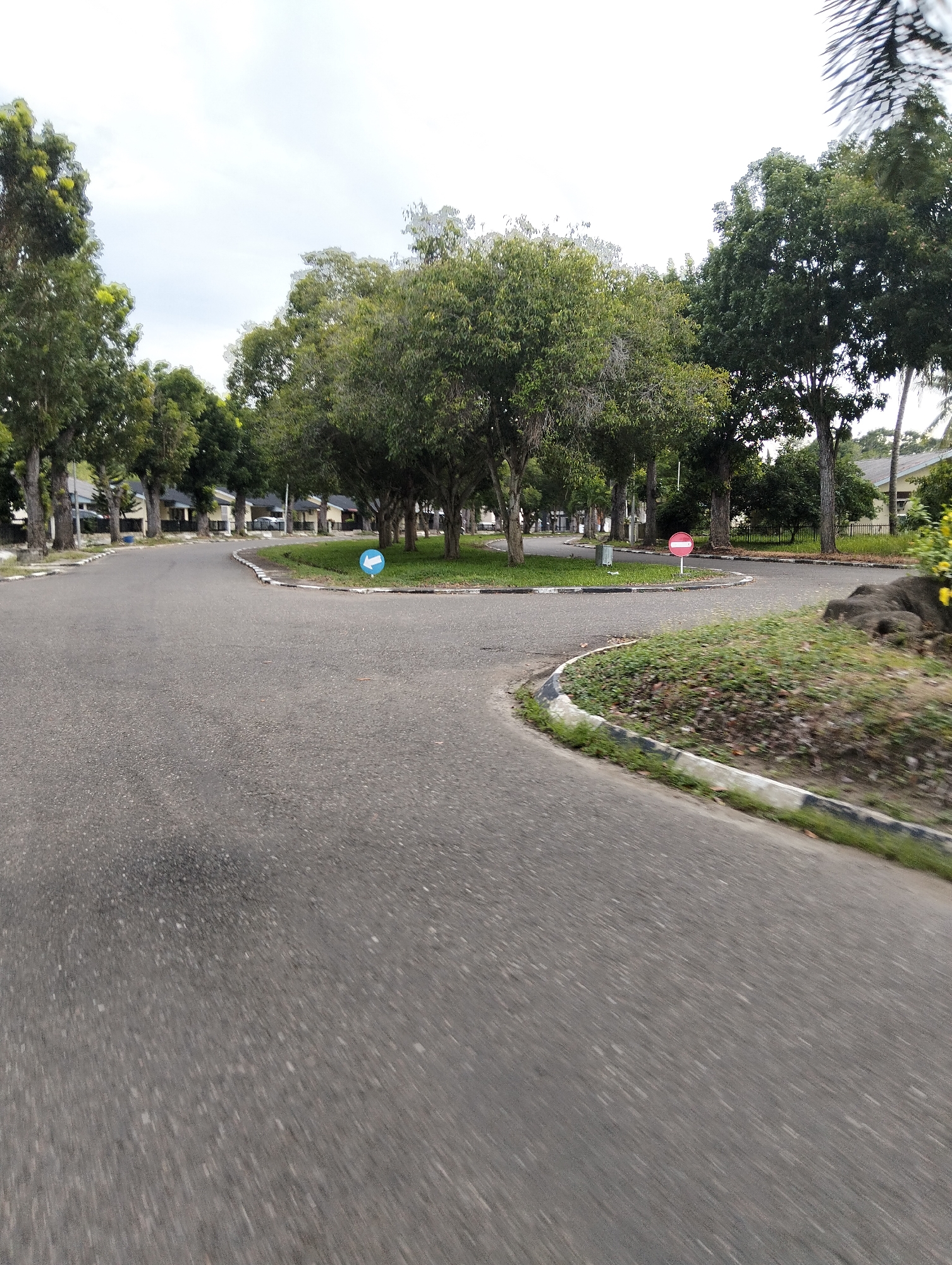 The image depicts a curved asphalt road with white and black striped curbs in Palohgadeng, Indonesia. Lush green trees line the sides of the road, and in the background, several residential houses are visible. There is a circular grass island in the middle of the road with a blue directional arrow sign pointing left and a red and white "no entry" sign. The sky is overcast, and the overall scene suggests a quiet, residential area with well-maintained landscaping.