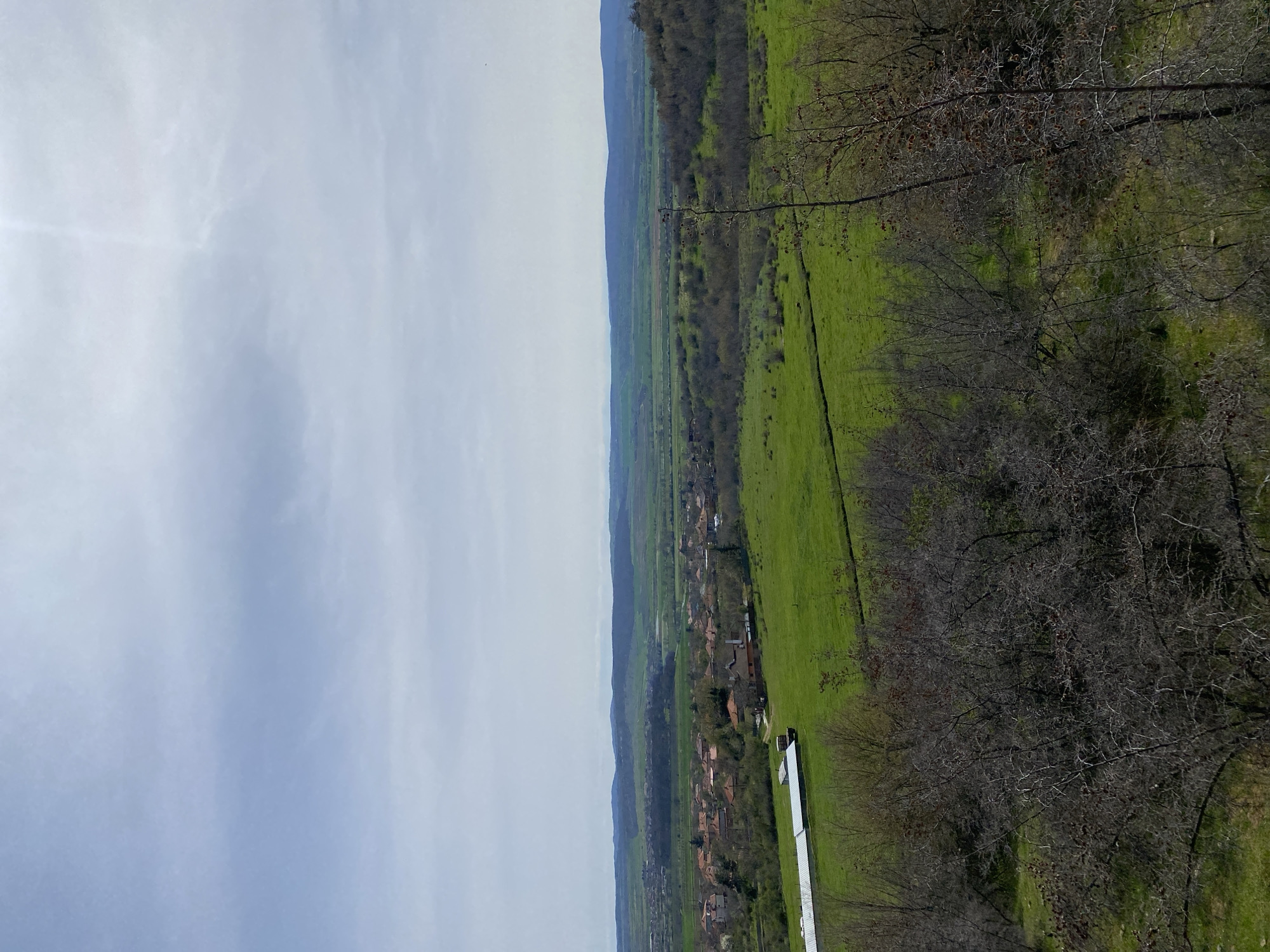 The scene is a landscape view from an elevated position in the city of Goritsa, Bulgaria. It is oriented with the sky to the left, and the ground to the right. The sky shows partial cloud coverage. A rural, flat valley is present in the center, with a village stretching lengthwise through it. Lush, green fields dominate, bordered by tree lines and vegetation on the right. Bare, leafless trees in the foreground frame the right side of the view. Mountains form the backdrop to the valley. A long, white building is visible in the foreground.
