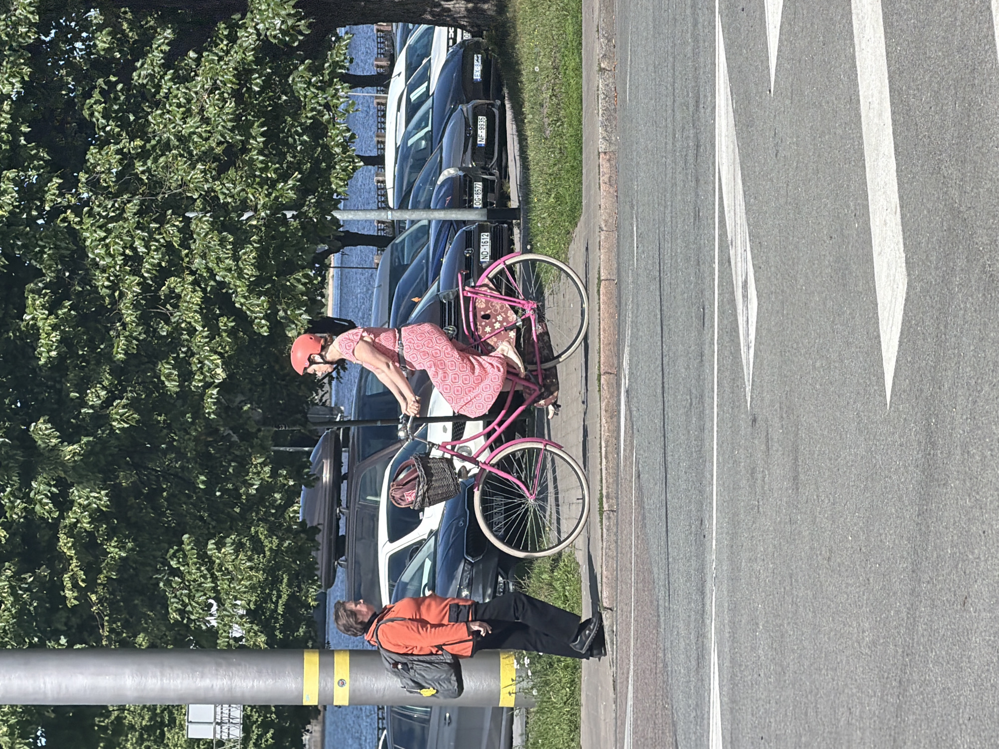 Two women are outdoors on a sunny day in Riga, Latvia. One woman, wearing an orange jacket and a backpack, stands on a sidewalk to the left of the frame. The second woman, dressed in a pink patterned dress and helmet, rides a pink bicycle with a basket. The bicycle is the central focus of the image, with the woman pedaling forward. Behind the women, a row of parked cars is visible, and beyond that, a body of water and trees line the horizon. The scene appears to be on a street with a crosswalk in the foreground.