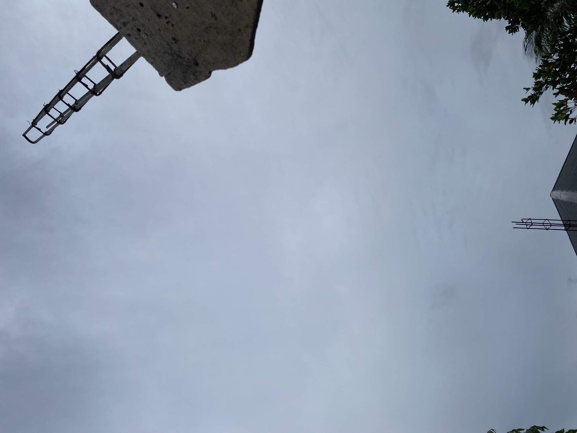 An overcast sky fills most of the frame, with a cloudy, muted grey atmosphere. In the upper right quadrant, a piece of concrete construction, possibly a pillar or wall, juts into the frame from the right edge, angled towards the center. Emerging from the top of this concrete structure is exposed rebar, forming a ladder-like pattern as it extends upwards and slightly to the left. In the lower portion of the image, the peak of a dark-colored building, likely a modern structure with sharp angles, is visible. Rising from the apex of this building is more rebar, arranged vertically. To the far left and right edges of the frame, there are glimpses of lush green foliage and trees, indicating an outdoor setting. The scene suggests an urban or semi-urban environment in Banda Aceh, Indonesia, where construction or unfinished structures are present amidst natural greenery under a cloudy sky. No people are visible in the image.