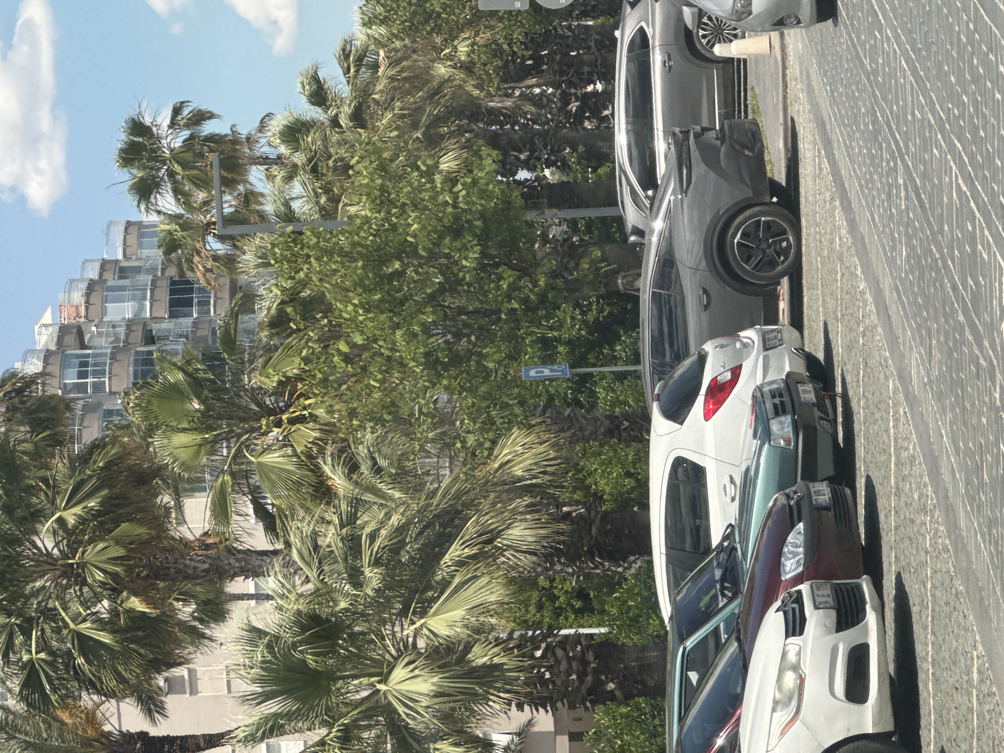 The image shows a street in Konyaaltı, Turkey, lined with palm trees and parked cars. On the left side of the street, there is a tall modern building with a step-like design. The street is paved with a patterned surface. Several cars are parked along the right side of the street, including a gray SUV, a white car, and other vehicles of various colors. A parking sign is visible next to the cars. The sky is partly cloudy.