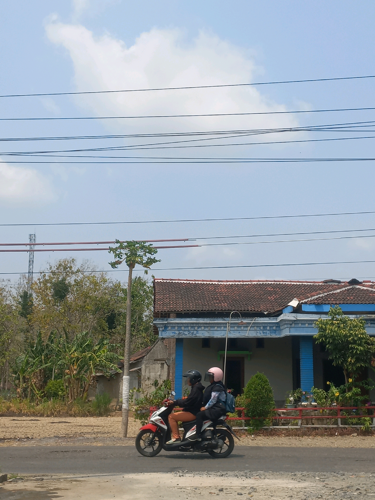 The image depicts a street scene in Baturetno, Indonesia. Two individuals are riding a white and red motorcycle. The person in the front is wearing a black helmet and a black jacket. The person in the back is wearing a pink helmet and a black outfit with a blue backpack. They are traveling on a paved road. In the background, there is a house with a tiled roof and blue accents. To the left of the house, a tall, thin tree stands out. Further to the left, vegetation and a communication tower are visible. Overhead, multiple power lines stretch across the sky, which is partly cloudy. The overall environment suggests a rural or semi-urban setting.