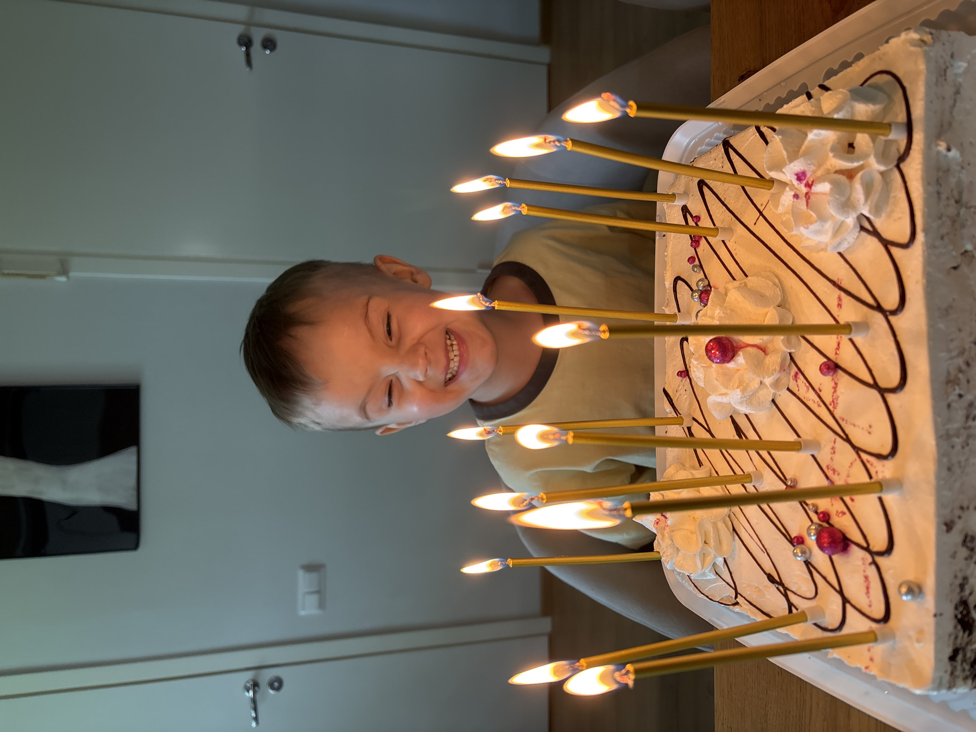 A joyful young boy beams with a wide smile, his face illuminated by the flickering flames of numerous candles on a birthday cake. He has light brown hair and is wearing a light-colored t-shirt with a dark collar trim. His expression conveys excitement and happiness, typical of a birthday celebration.
The birthday cake, positioned on a light wooden table, is rectangular and richly decorated. It features white frosting, intricate dark chocolate drizzles, dollops of white whipped cream, and various pink and silver sprinkles and candies. Numerous tall, slender, gold-colored candles, at least 15-20 in number, are embedded in the cake, their bright flames glowing prominently.
The background shows a plain, light-colored wall. Elements of a home interior are visible, including a door frame with a silver handle/knob and a white light switch or power outlet. To the left, a framed artwork featuring a black background and a white/light grey abstract shape hangs on the wall. The setting is indoors, likely a domestic environment in Chaikovsky, Russia, indicating a special occasion. The overall atmosphere is festive and cheerful. No visible text appears in the image.